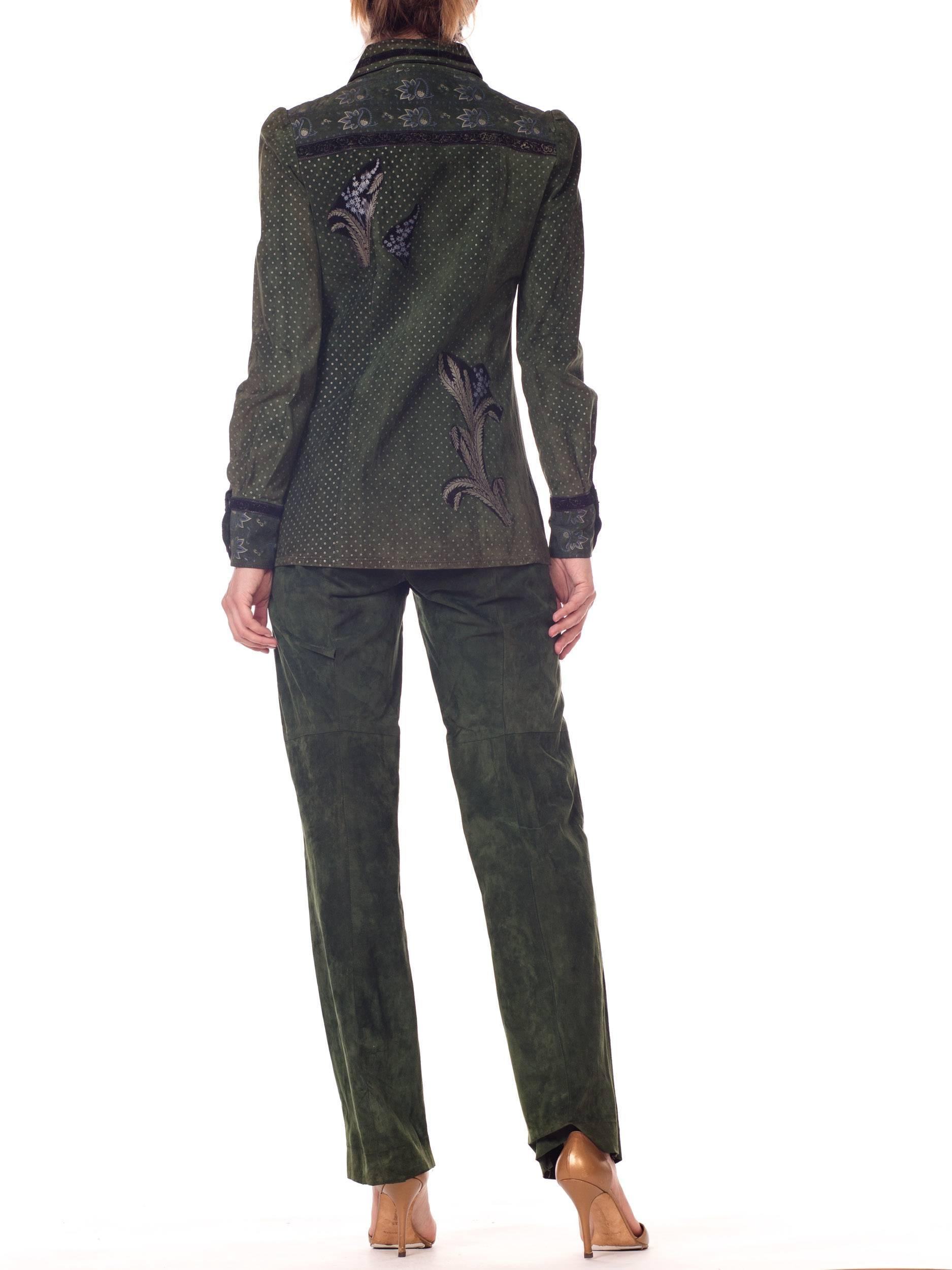 Roberto Cavalli Green Suede Pants and Jacket Set with Printed Panels  1