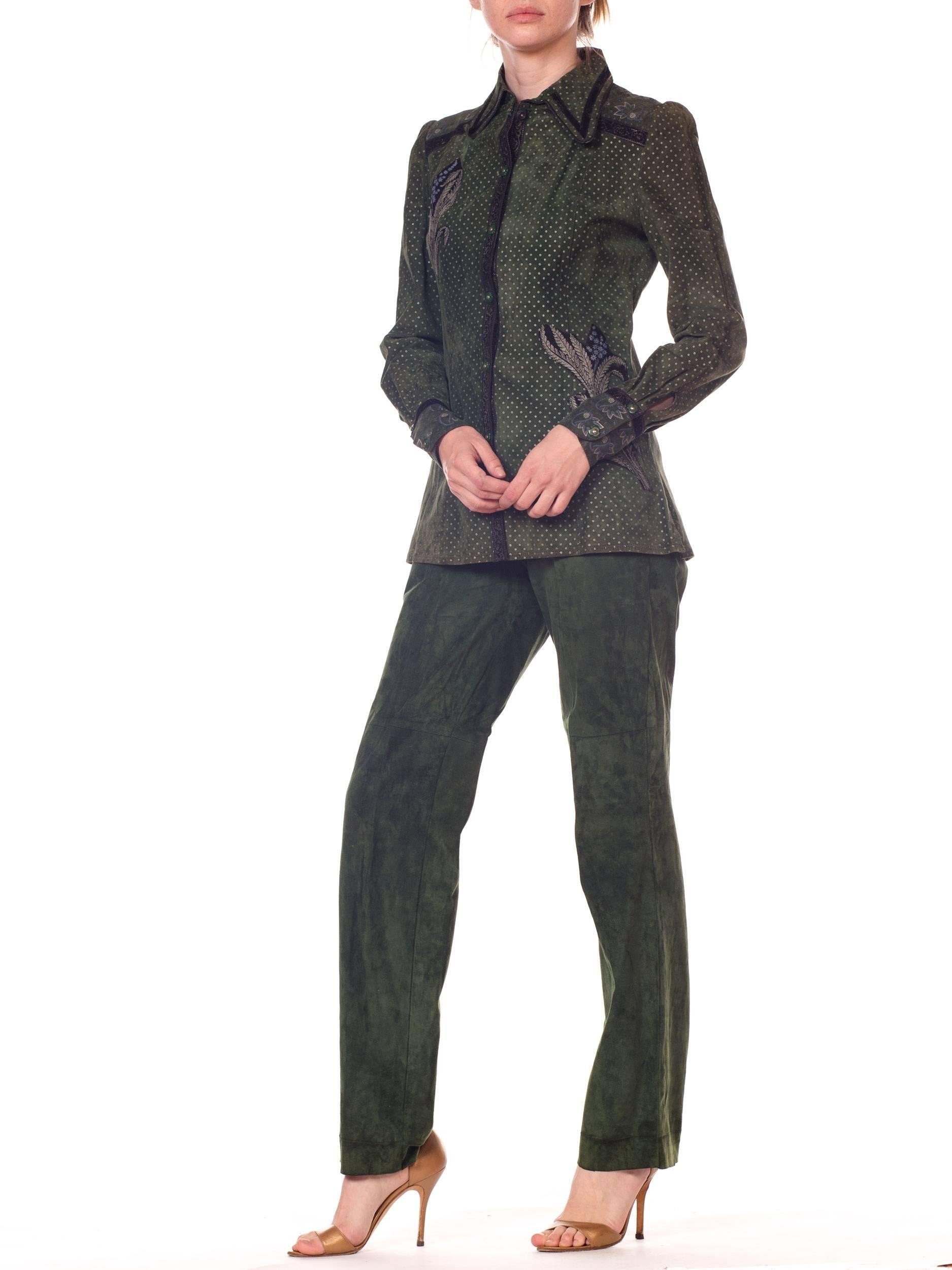 Roberto Cavalli Green Suede Pants and Jacket Set with Printed Panels  3