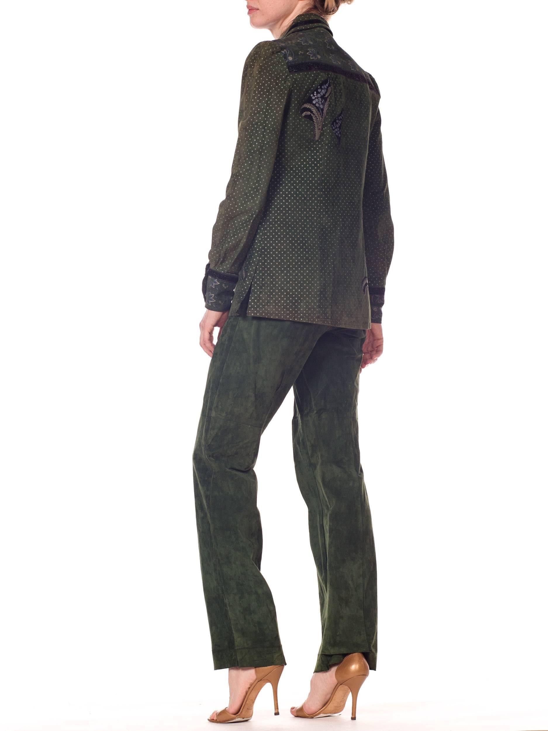 Roberto Cavalli Green Suede Pants and Jacket Set with Printed Panels  2