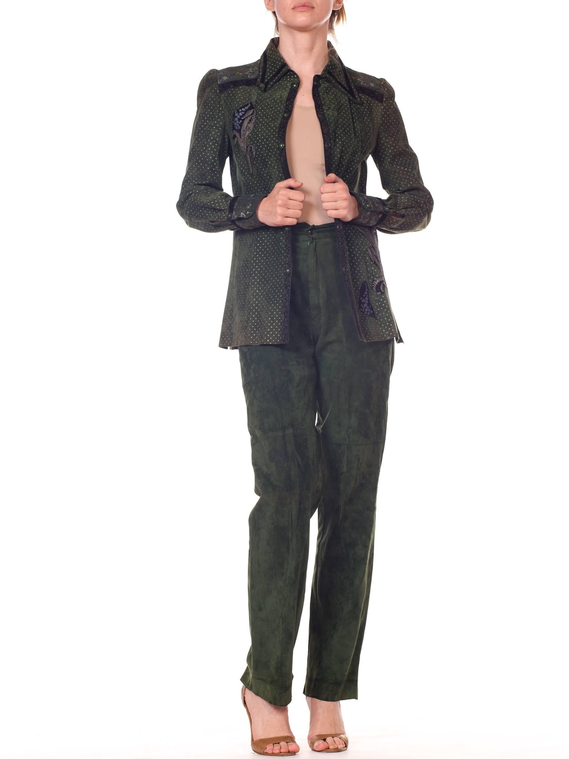 Roberto Cavalli Green Suede Pants and Jacket Set with Printed Panels  6