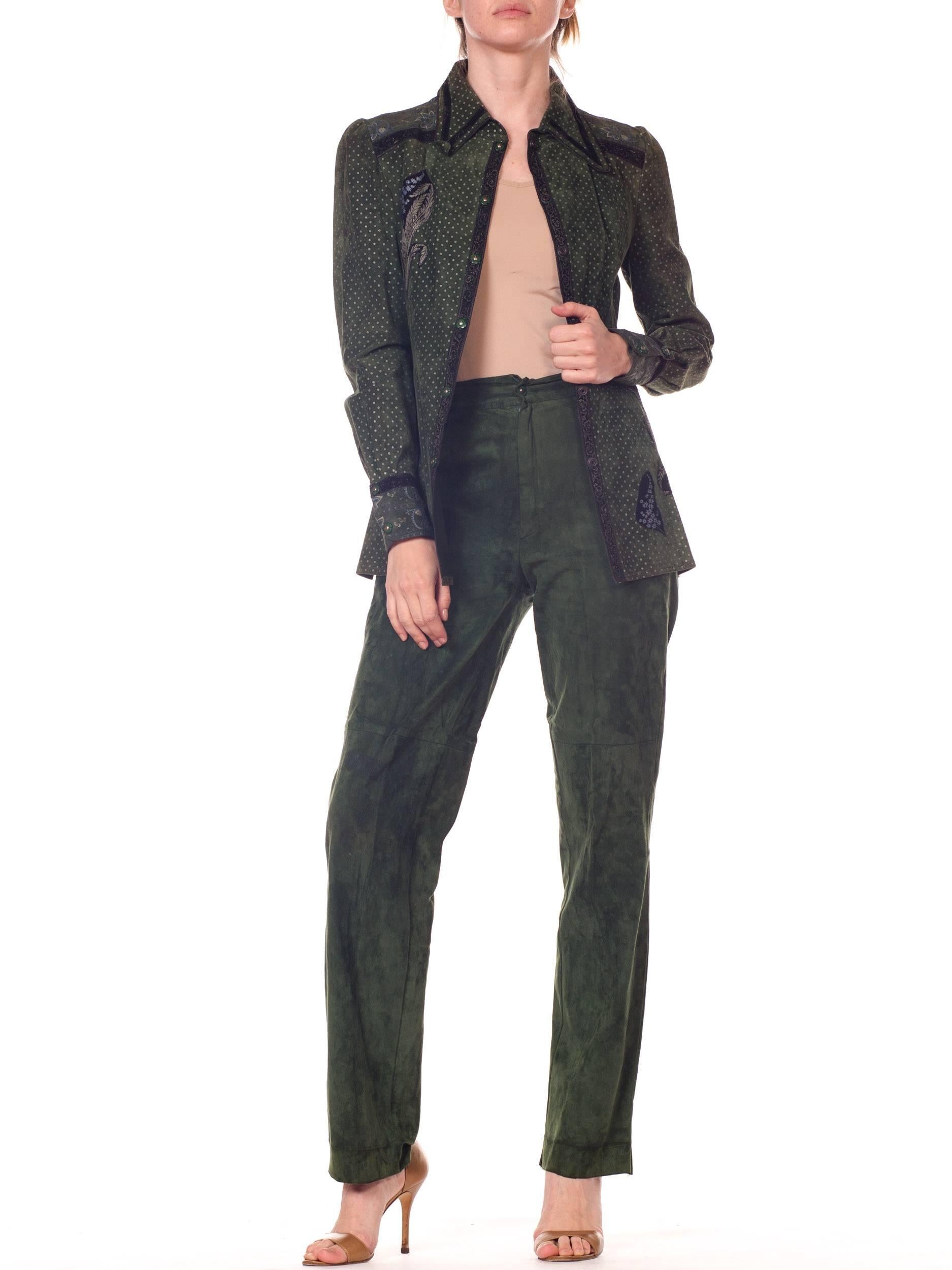 Roberto Cavalli Green Suede Pants and Jacket Set with Printed Panels  4