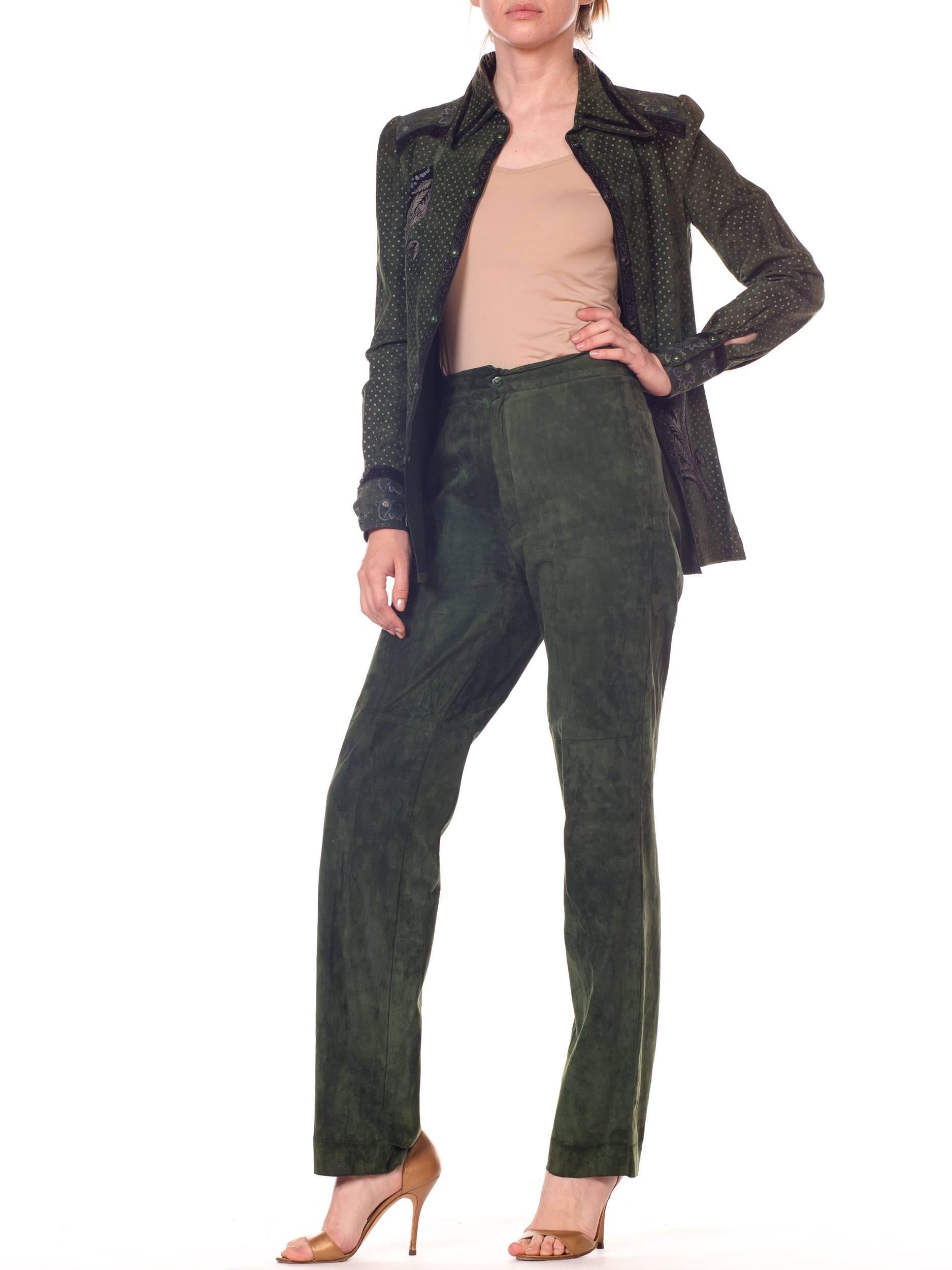 Roberto Cavalli Green Suede Pants and Jacket Set with Printed Panels  5