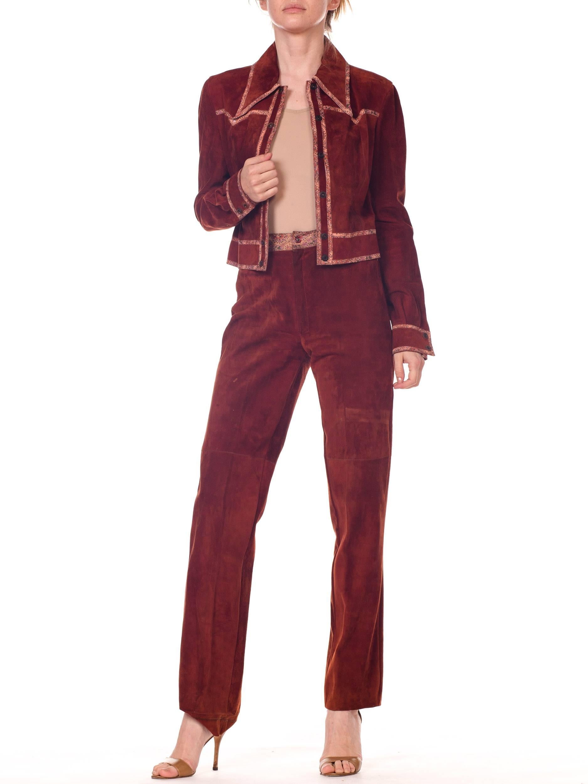 Roberto Cavalli Cognac Suede Pants and Jacket set with printed trims 1
