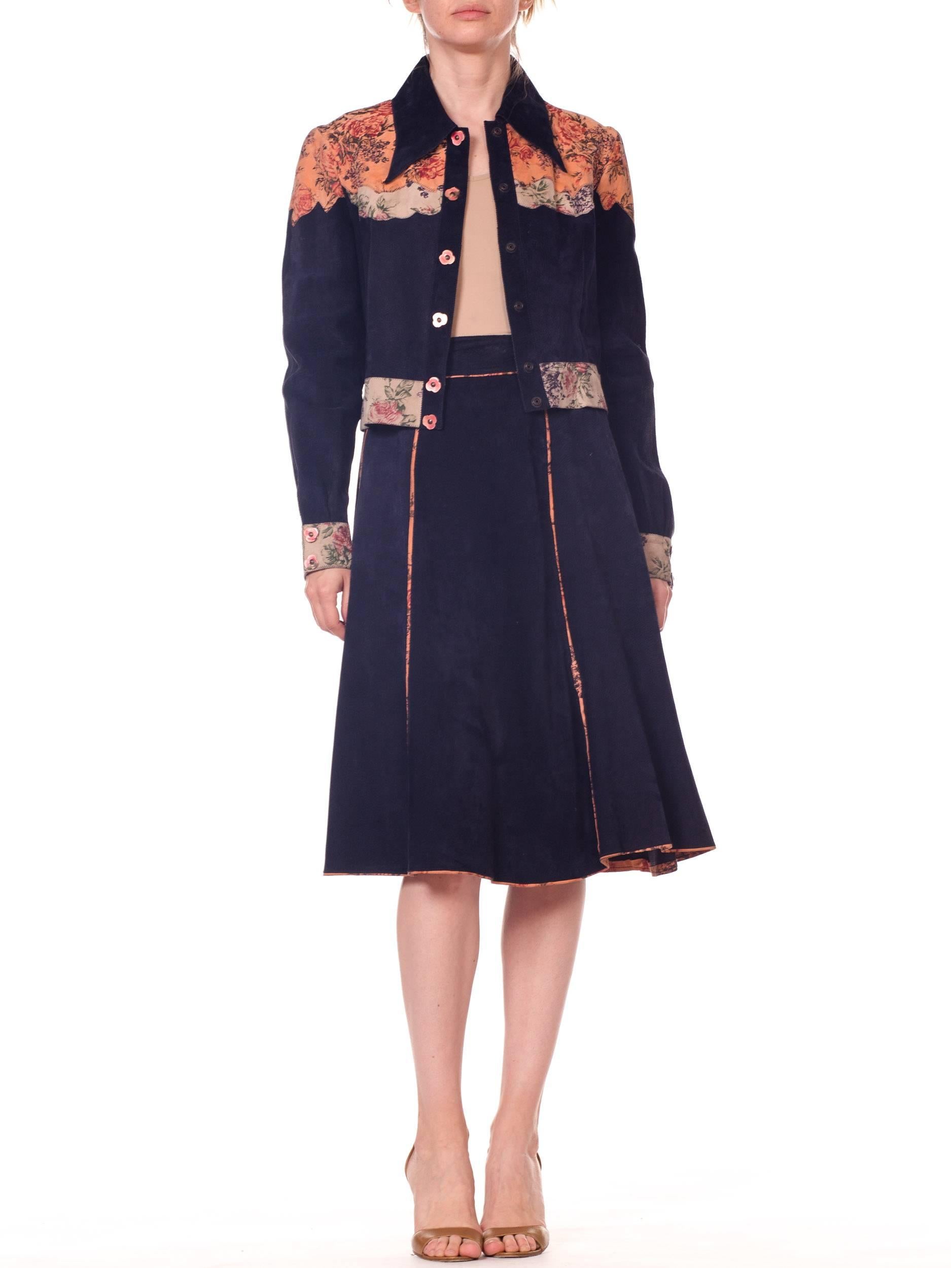 Roberto Cavalli Navy Patterned Suede Panel Cropped Hand Painted Jacket, 1970 4