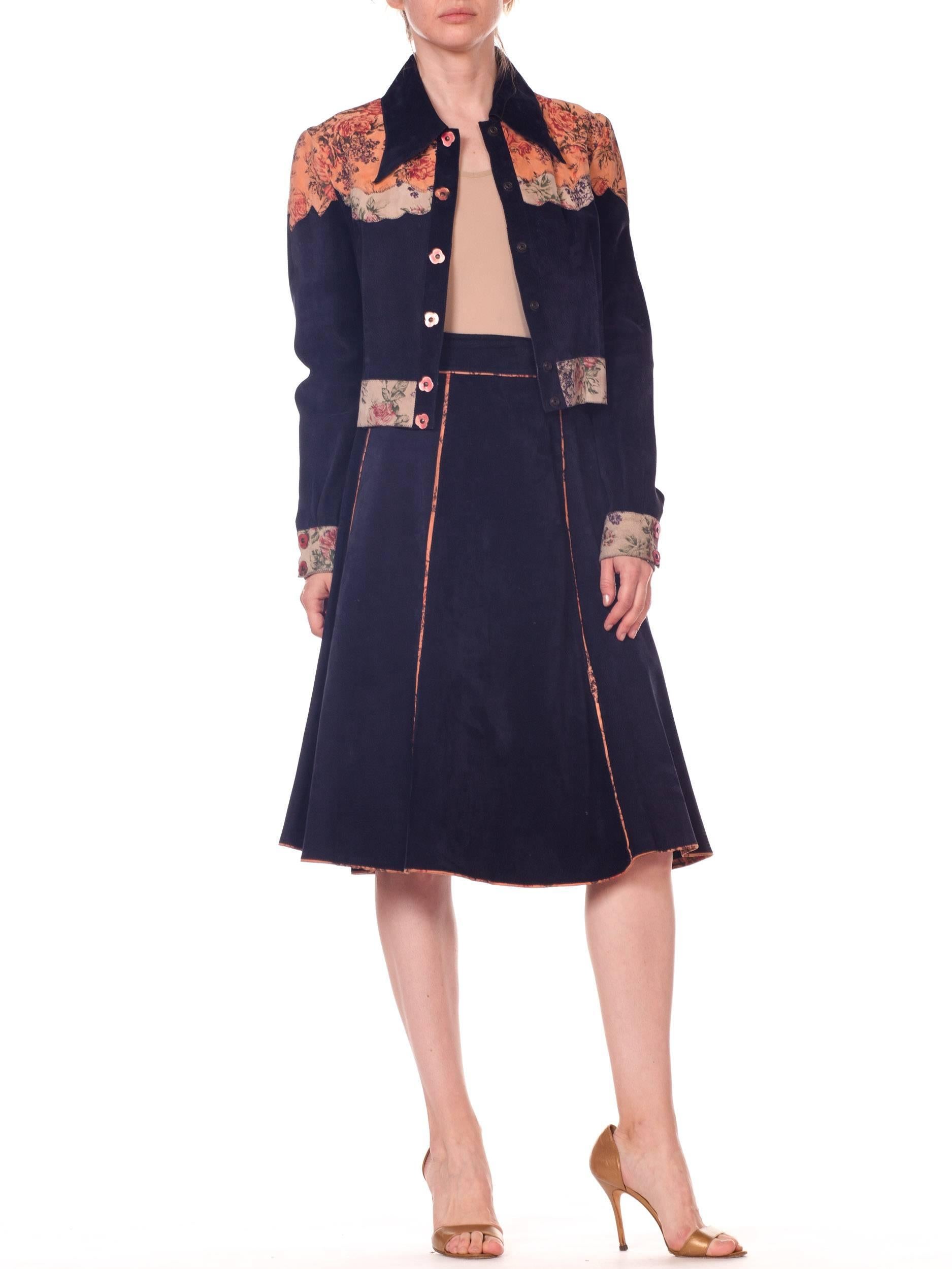 Roberto Cavalli Navy Patterned Suede Panel Cropped Hand Painted Jacket, 1970 5