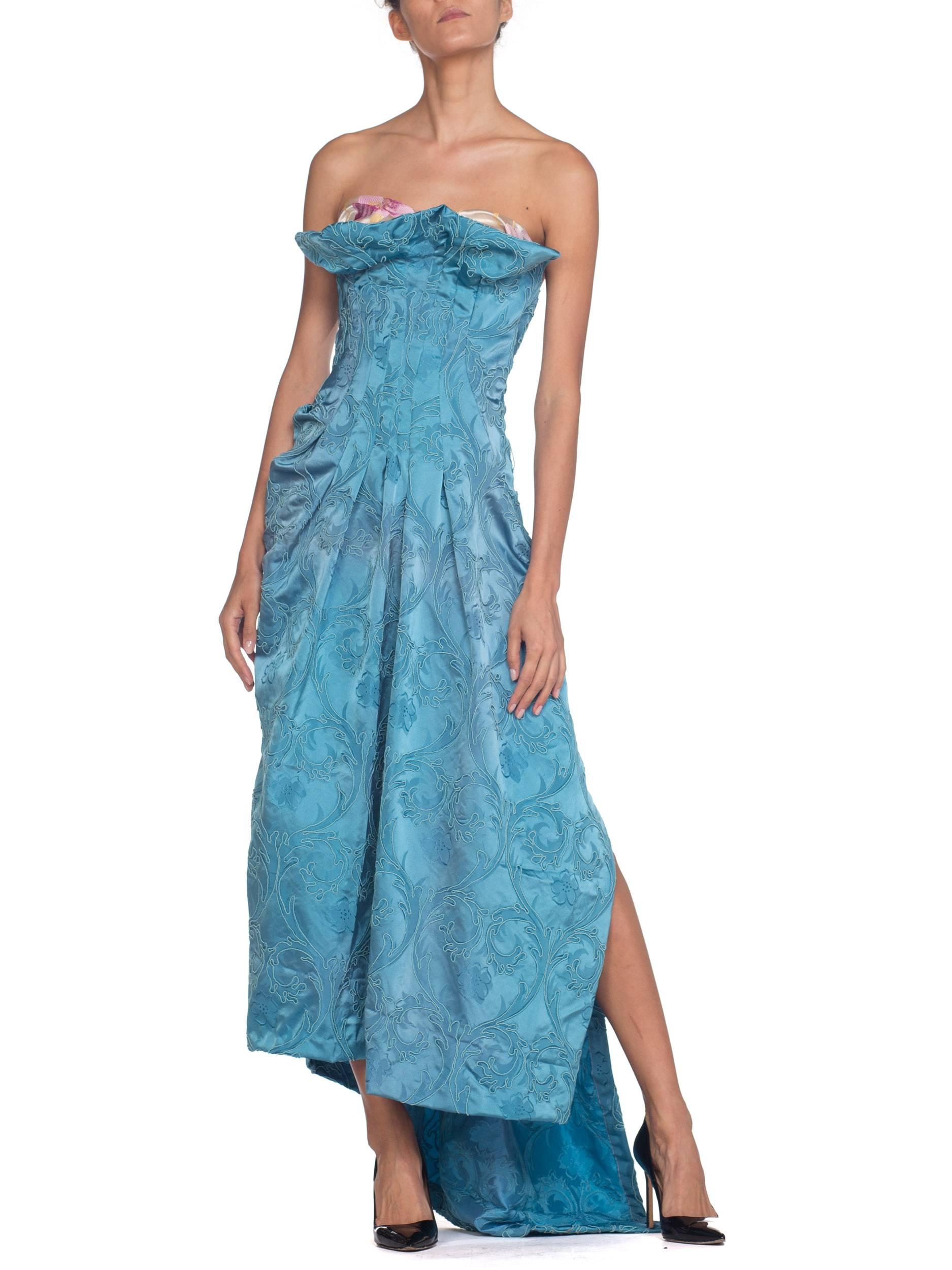 Morphew Strapless Gown with Boning Made from 1950s Blue Satin Demask  6