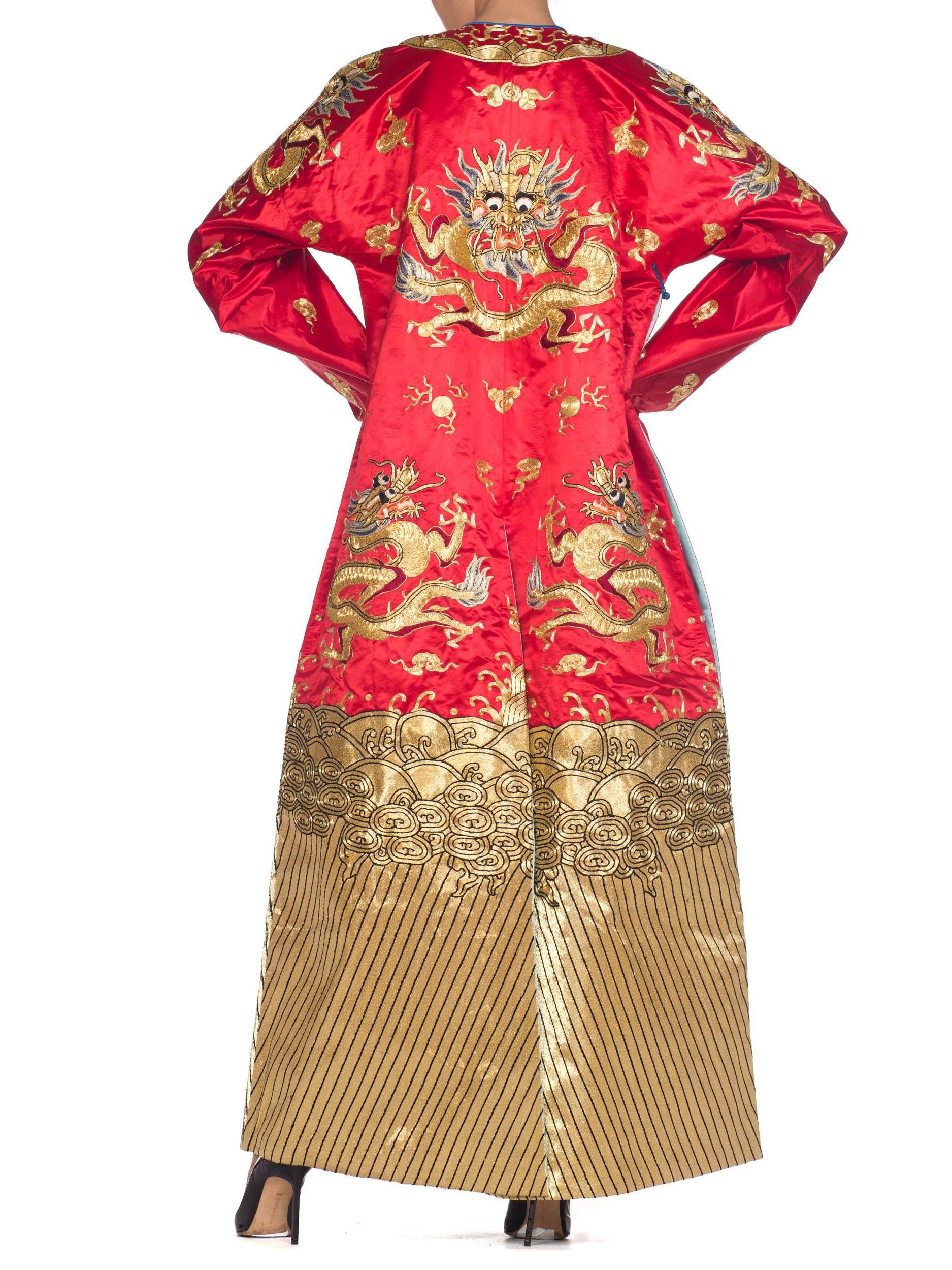Women's 1950S Metallic Golden Dragons Embroidered Red Chinese Opera  KimonoRobe For Sale