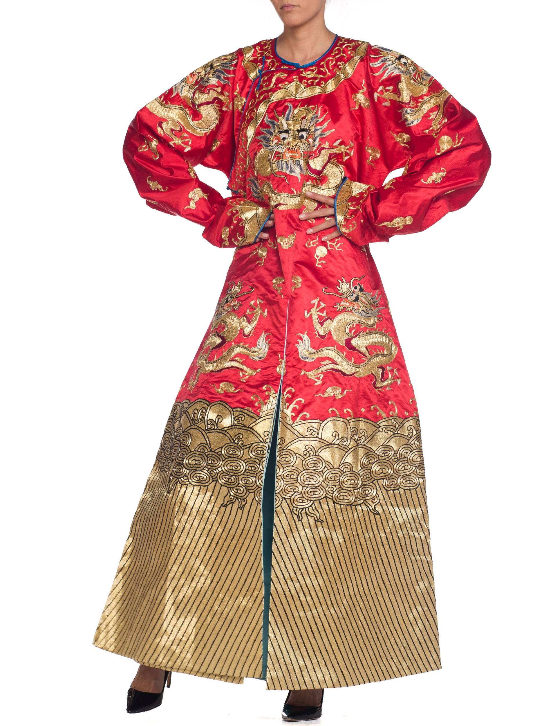 1950S Metallic Golden Dragons Embroidered Red Chinese Opera  KimonoRobe For Sale 1