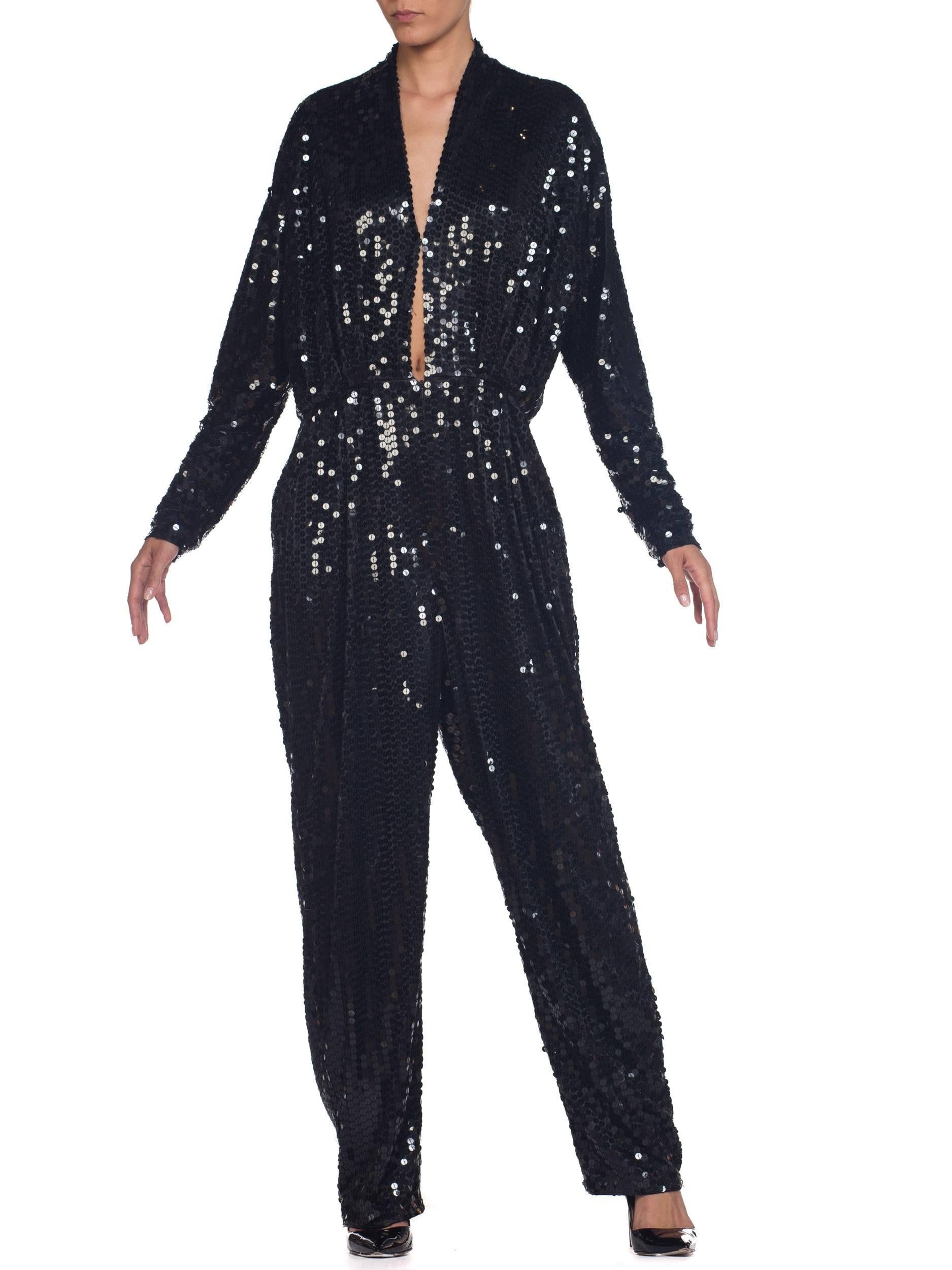 Oleg Cassini Black Sequin Plunge Neck Jumpsuit In Excellent Condition In New York, NY