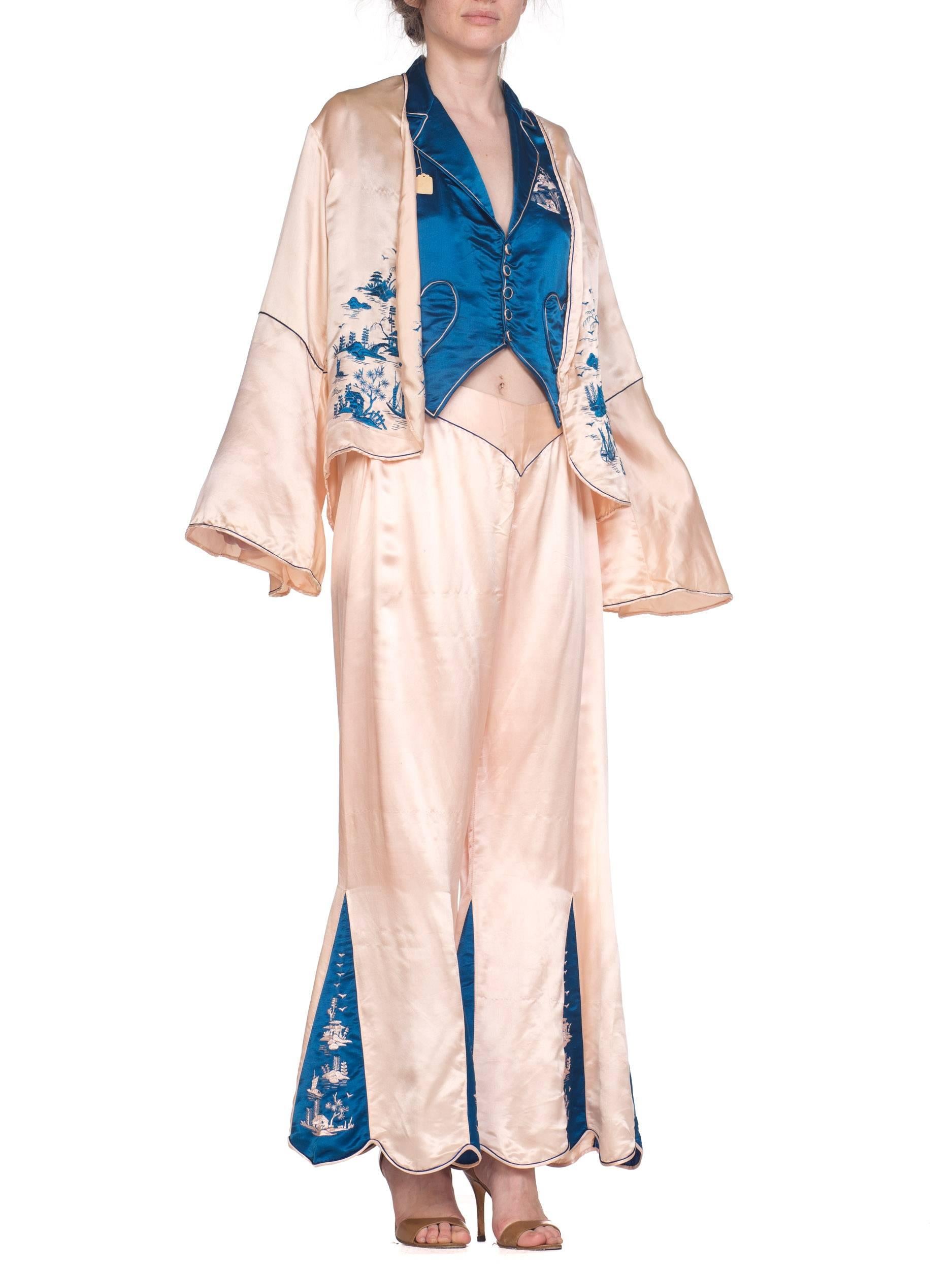 White 1920s 3 Piece Blue and Cream Chinese Beach Pajamas With Hand Embroidery