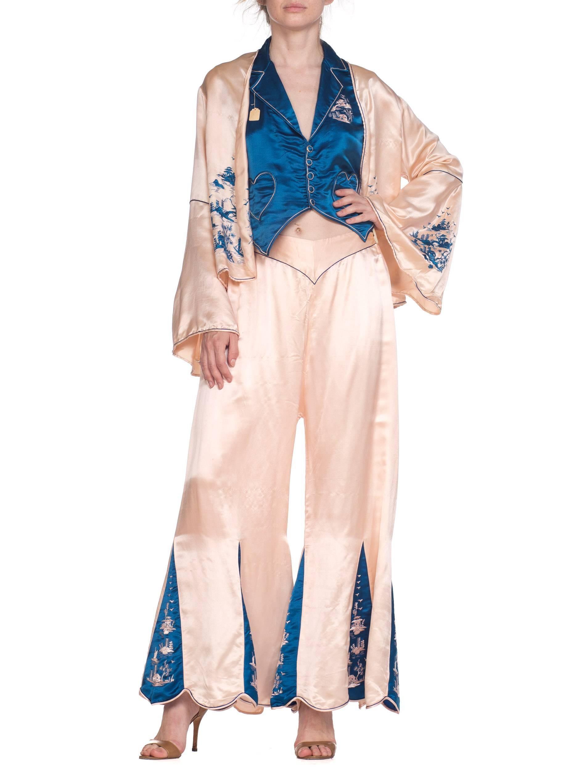 Women's 1920s 3 Piece Blue and Cream Chinese Beach Pajamas With Hand Embroidery