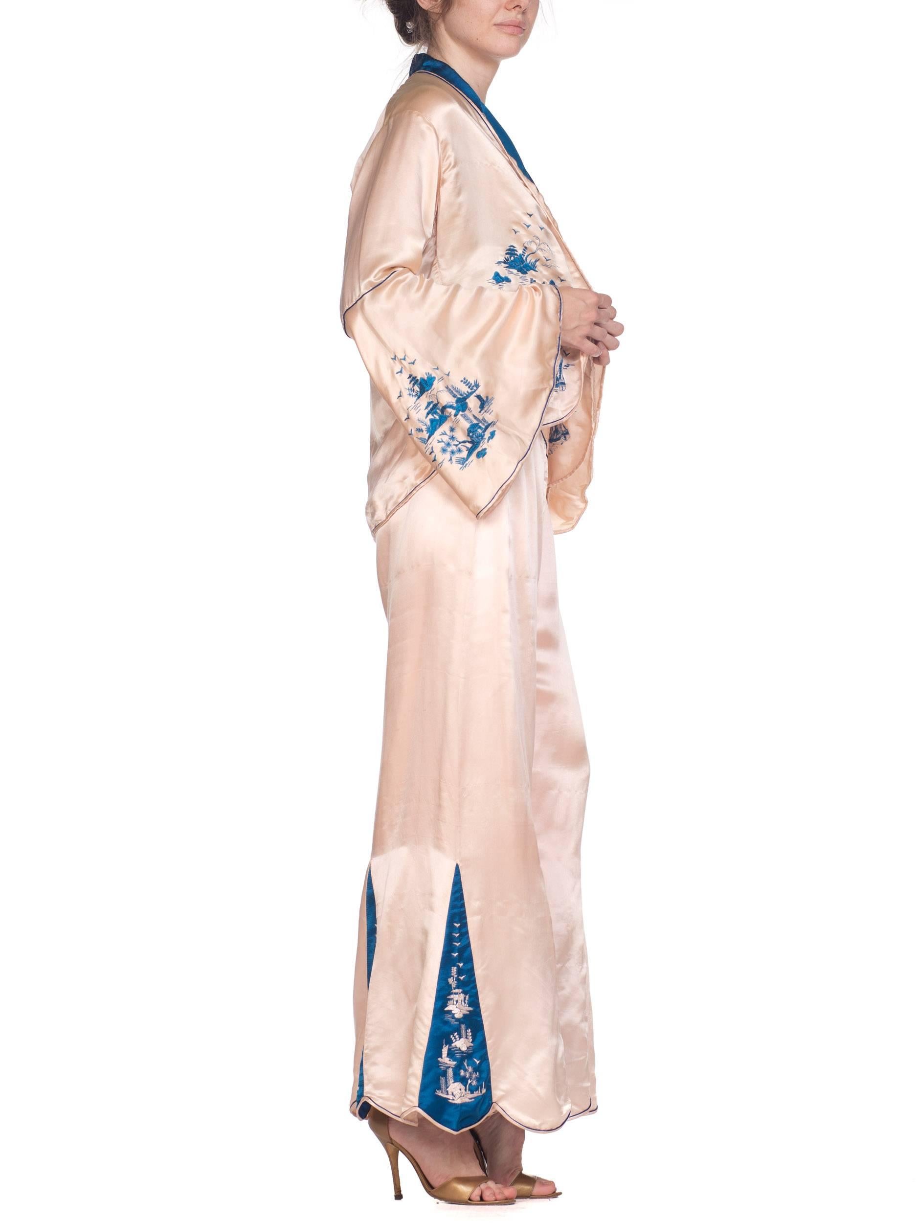 1920s 3 Piece Blue and Cream Chinese Beach Pajamas With Hand Embroidery 1