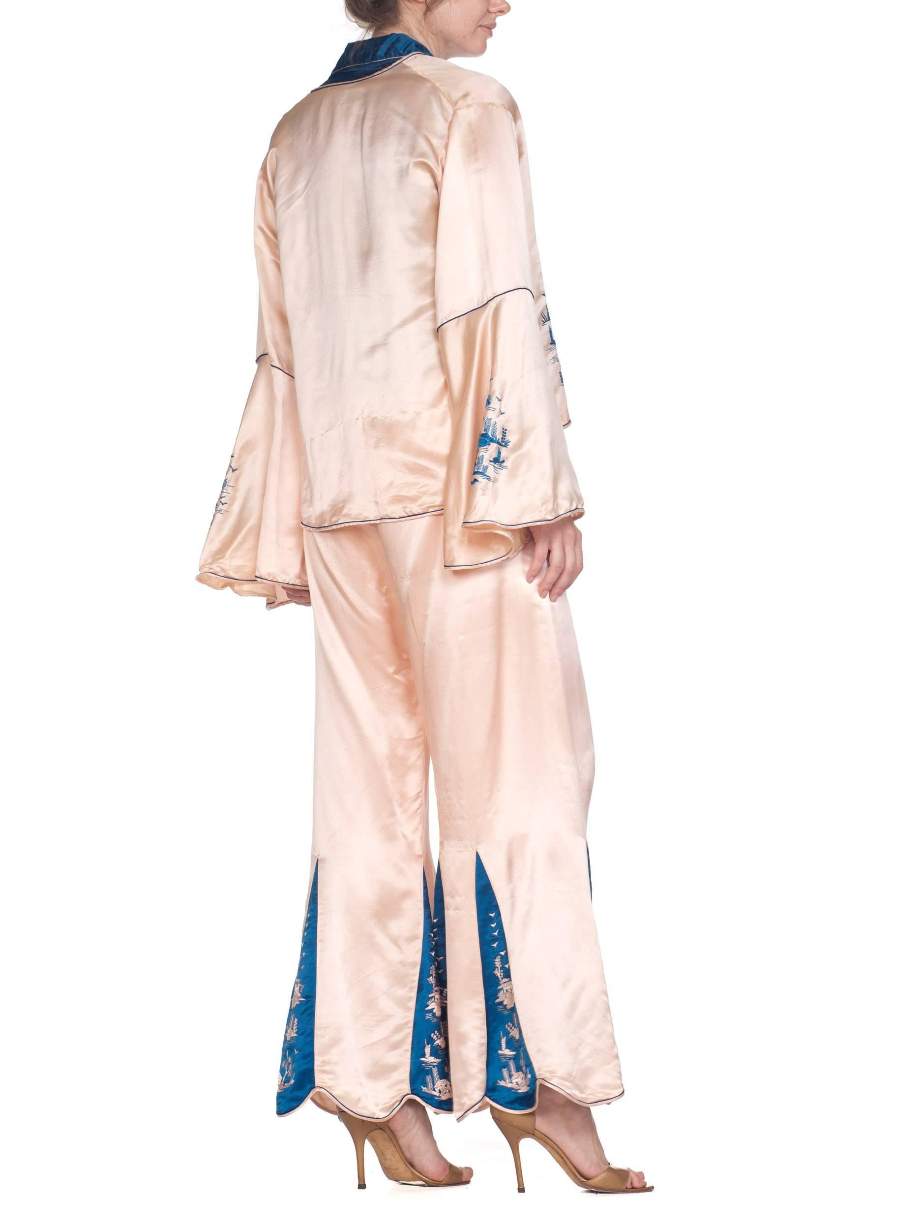 1920s 3 Piece Blue and Cream Chinese Beach Pajamas With Hand Embroidery 2