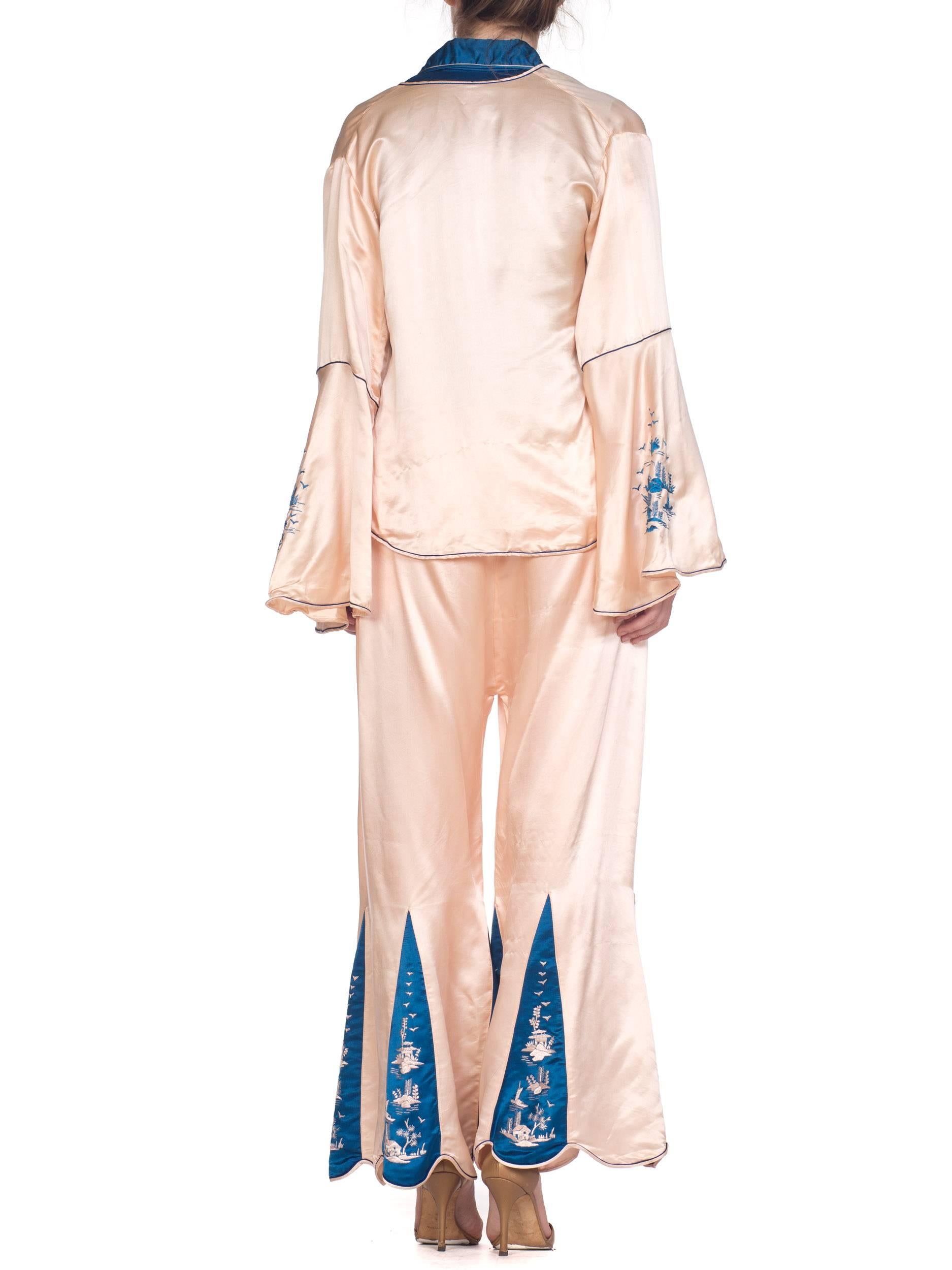 1920s 3 Piece Blue and Cream Chinese Beach Pajamas With Hand Embroidery 3