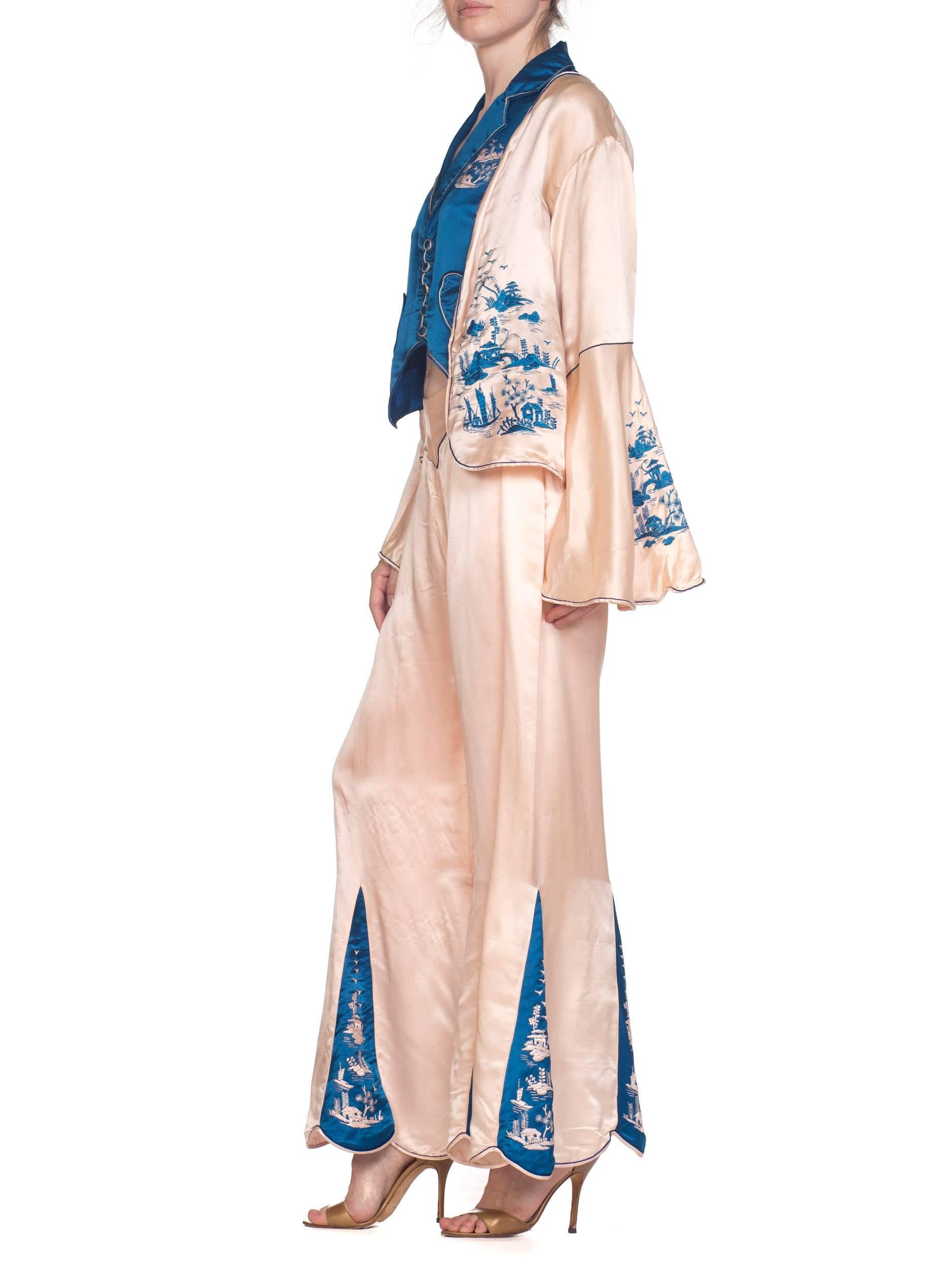 1920s 3 Piece Blue and Cream Chinese Beach Pajamas With Hand Embroidery 4