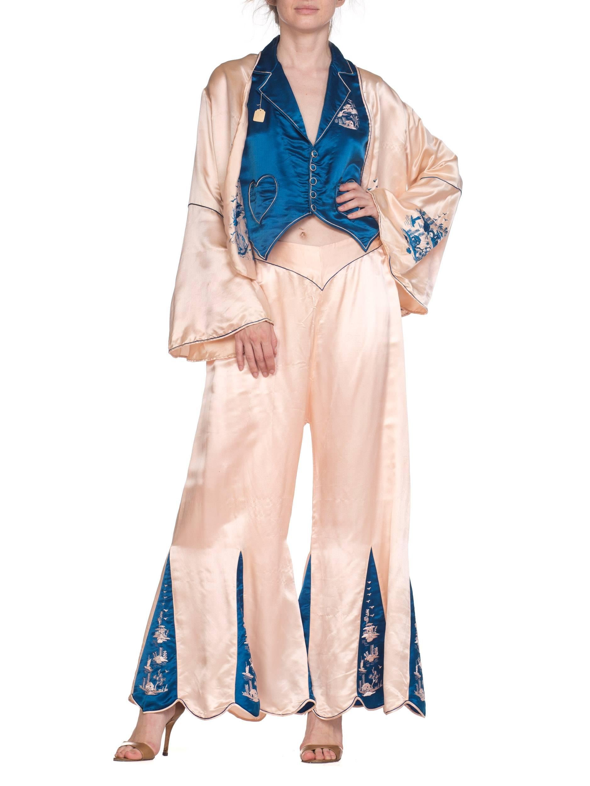 1920s 3 Piece Blue and Cream Chinese Beach Pajamas With Hand Embroidery 5