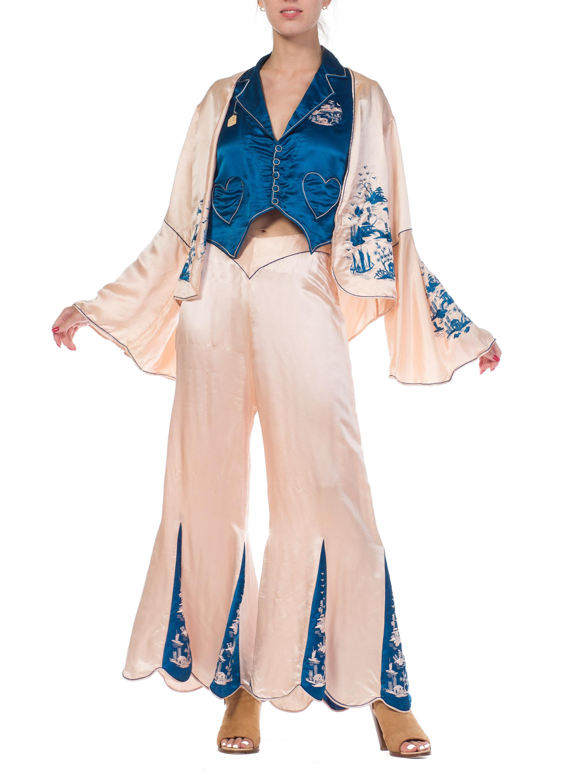 1920s 3 Piece Blue and Cream Chinese Beach Pajamas With Hand Embroidery 6