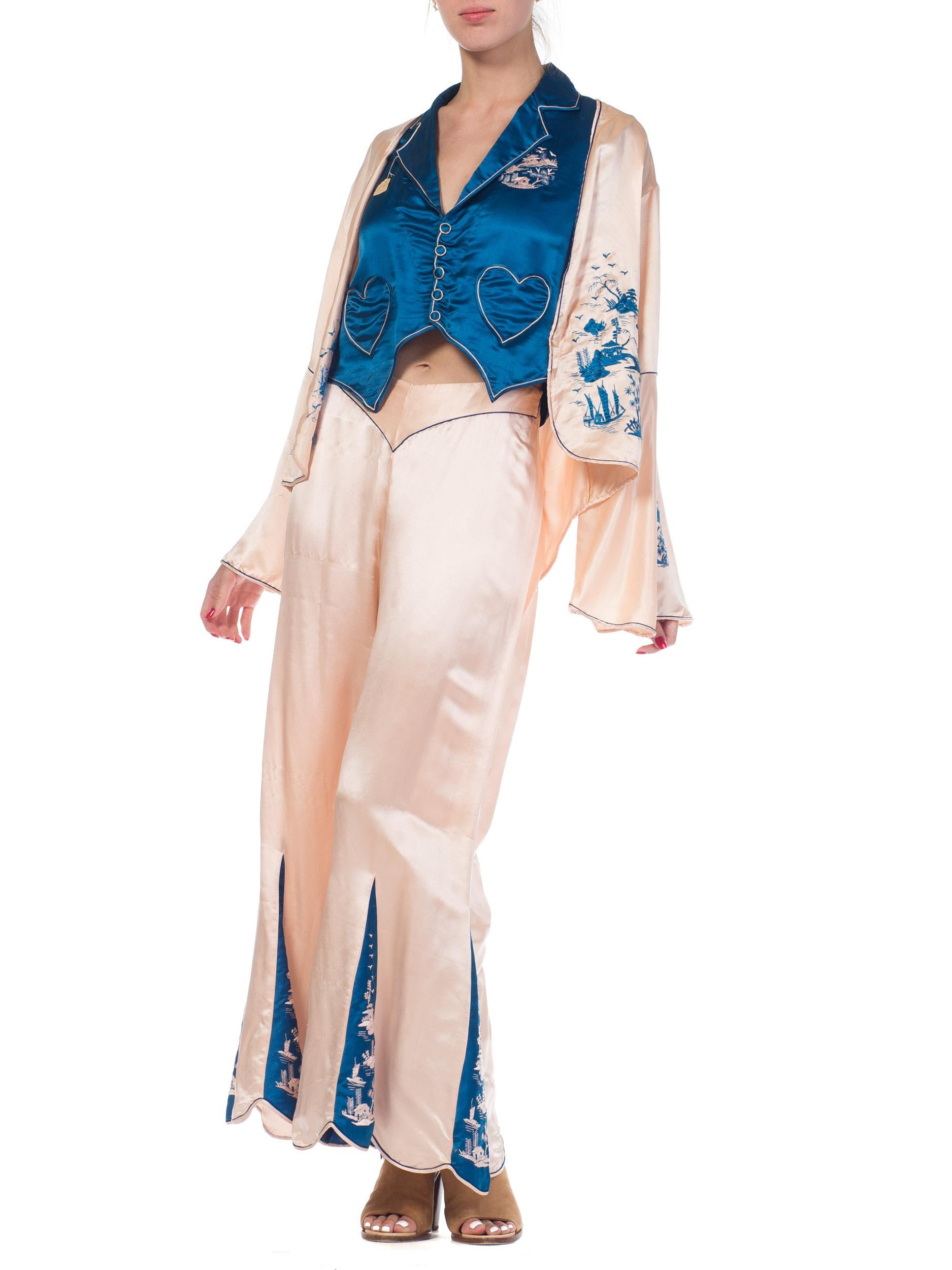 1920s 3 Piece Blue and Cream Chinese Beach Pajamas With Hand Embroidery 7