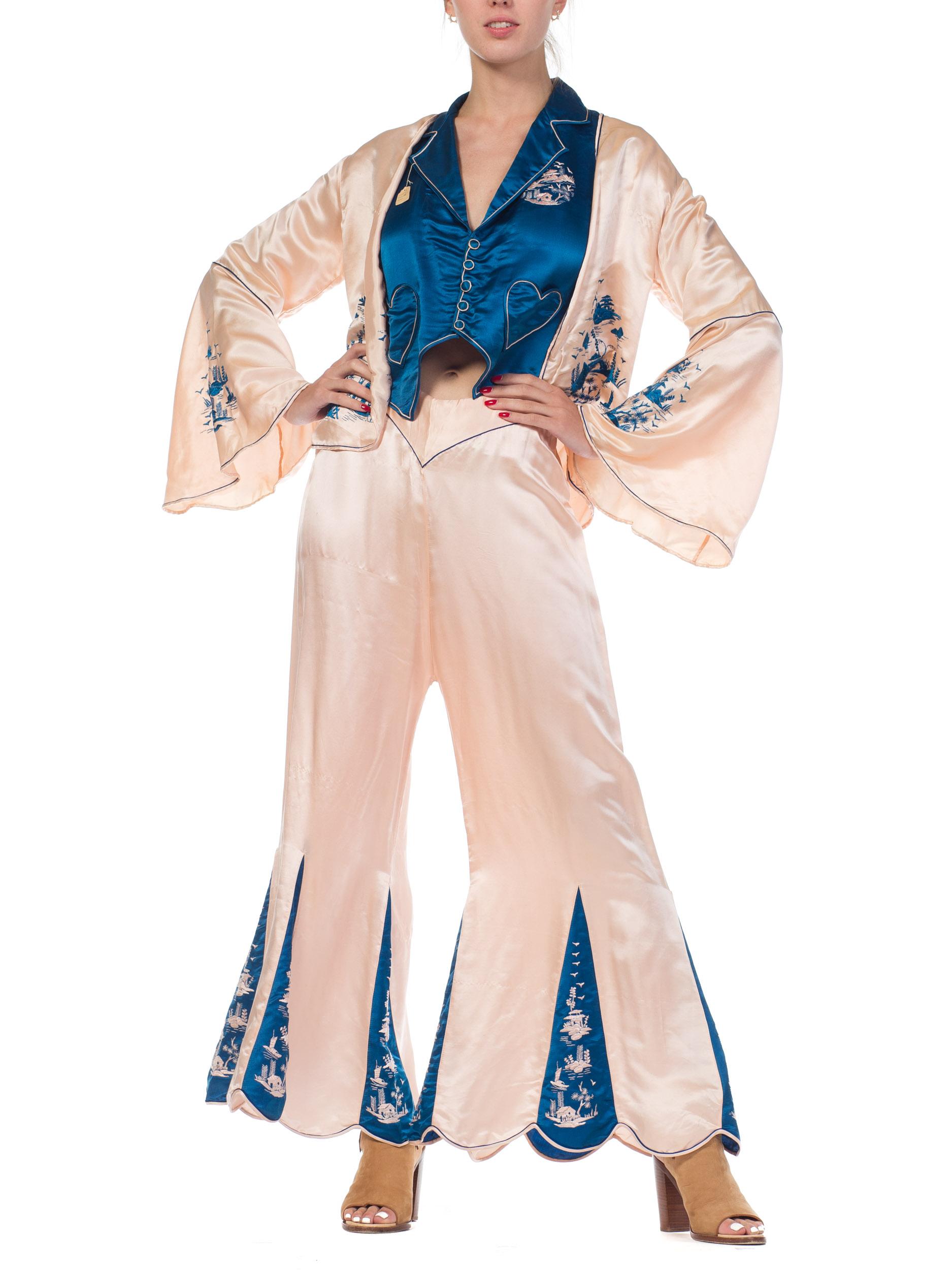 1920s 3 Piece Blue and Cream Chinese Beach Pajamas With Hand Embroidery 8