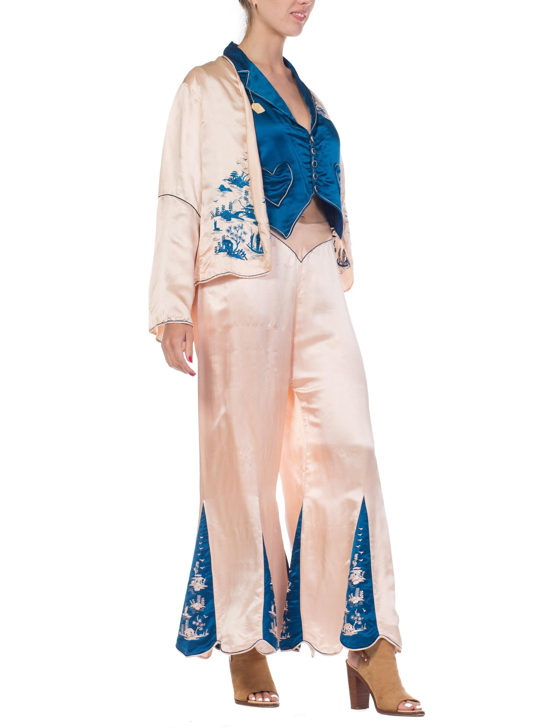 1920s 3 Piece Blue and Cream Chinese Beach Pajamas With Hand Embroidery 9