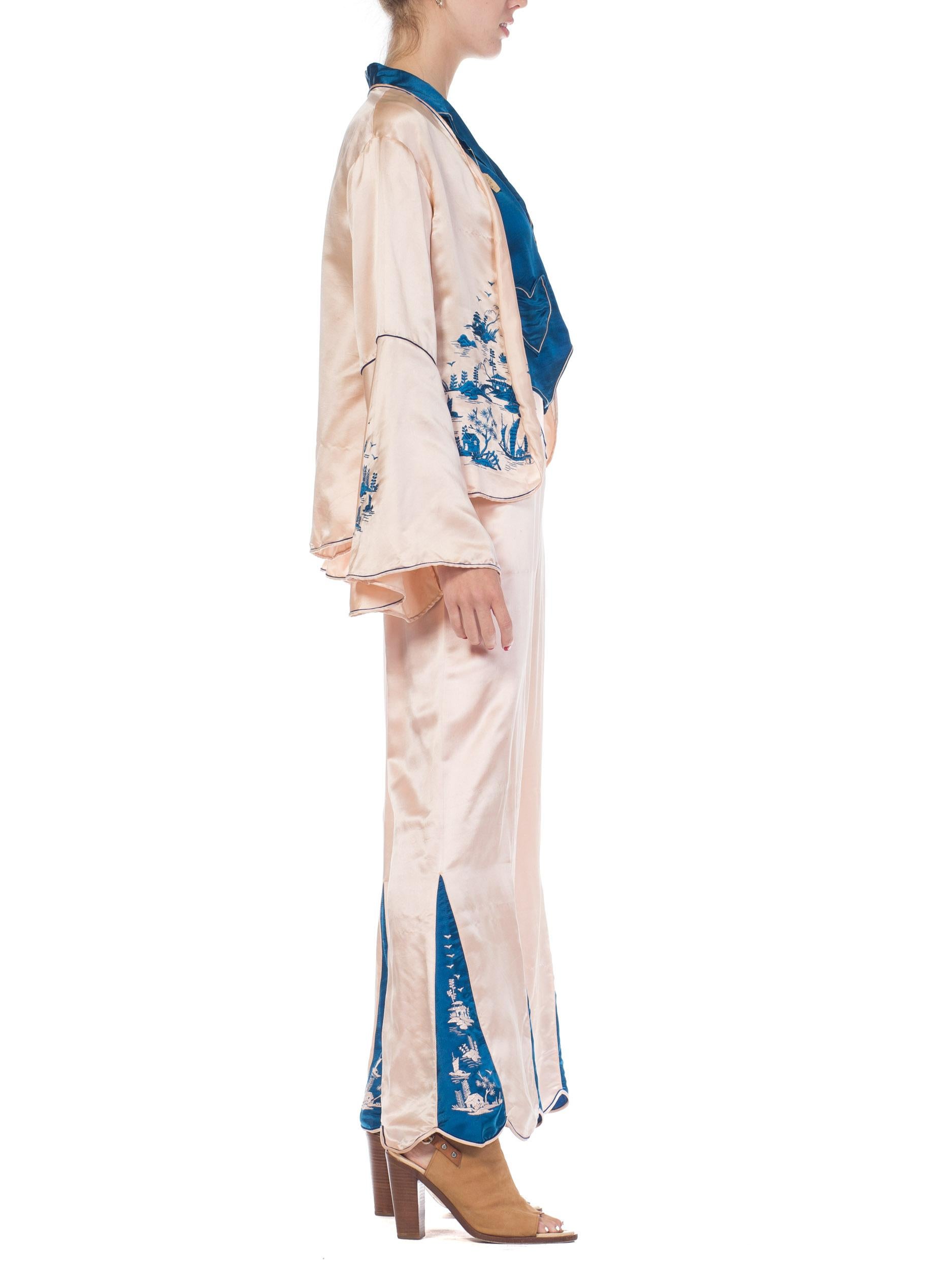 1920s 3 Piece Blue and Cream Chinese Beach Pajamas With Hand Embroidery 10