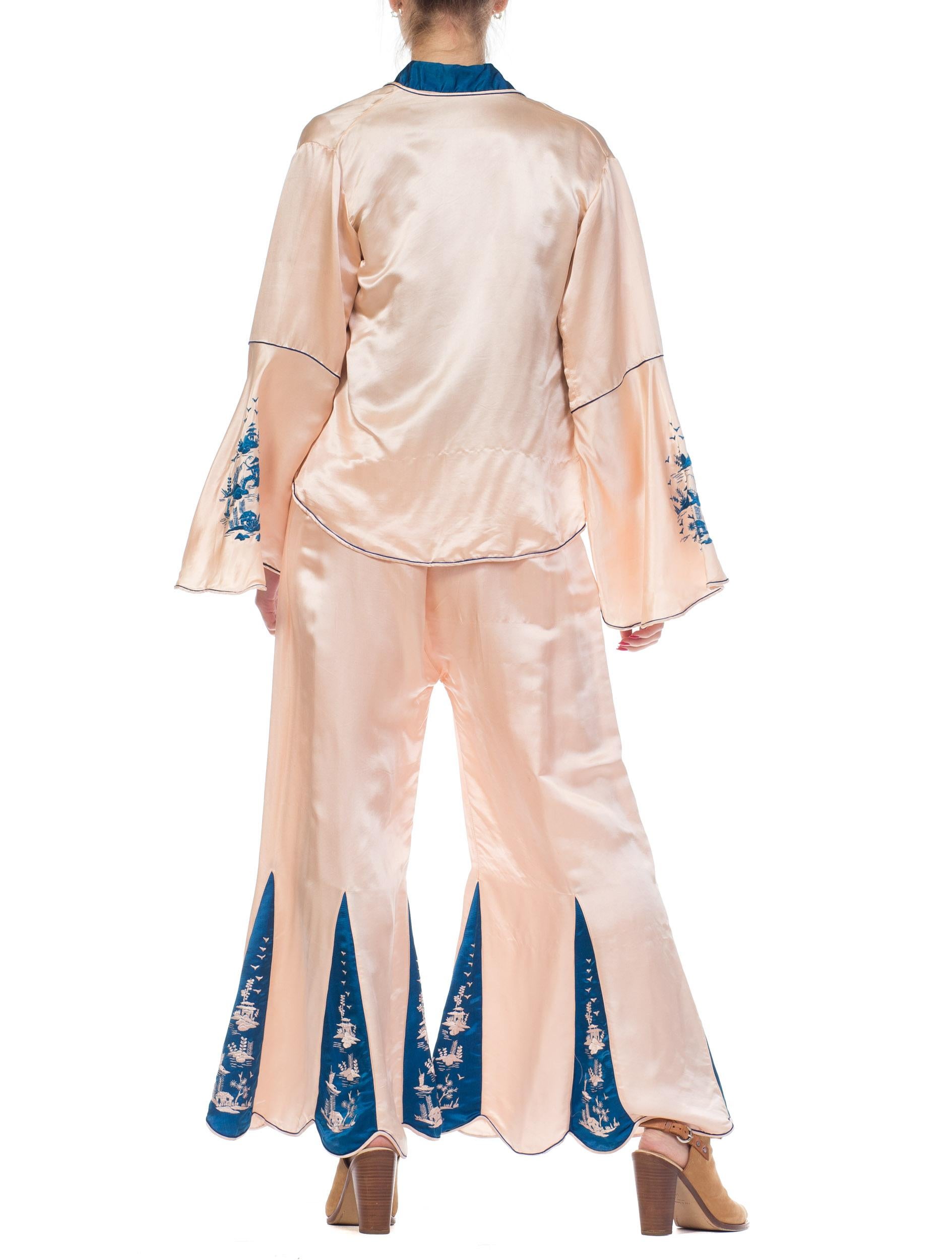 1920s 3 Piece Blue and Cream Chinese Beach Pajamas With Hand Embroidery 11