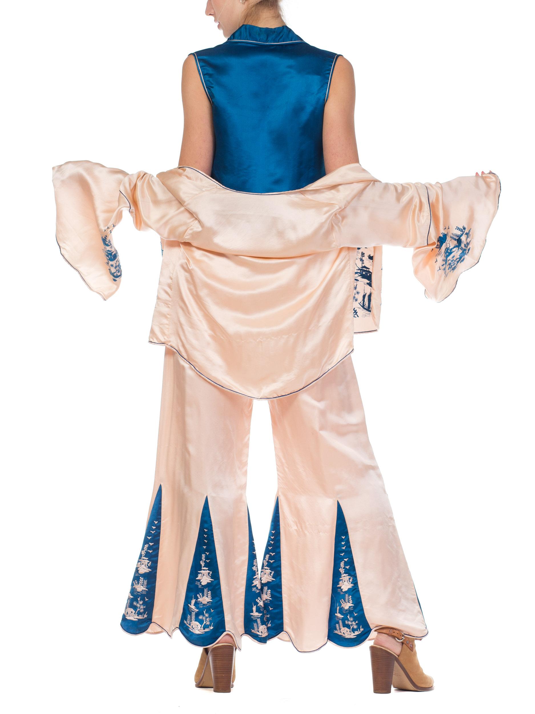 1920s 3 Piece Blue and Cream Chinese Beach Pajamas With Hand Embroidery 12