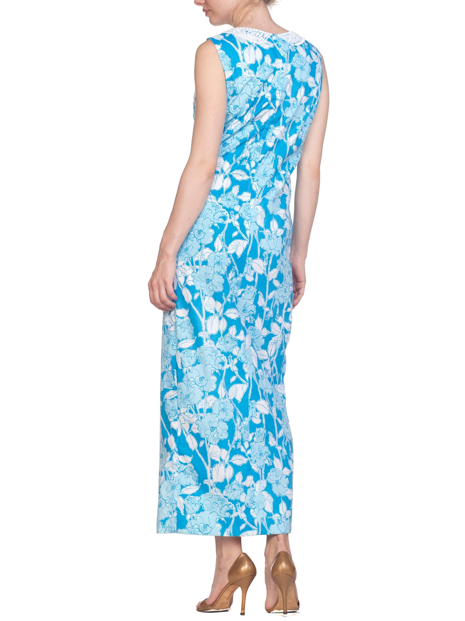 1960S LILY PULITZER Aqua  Floral Cotton Dress With White Lace Flowers Szl 5