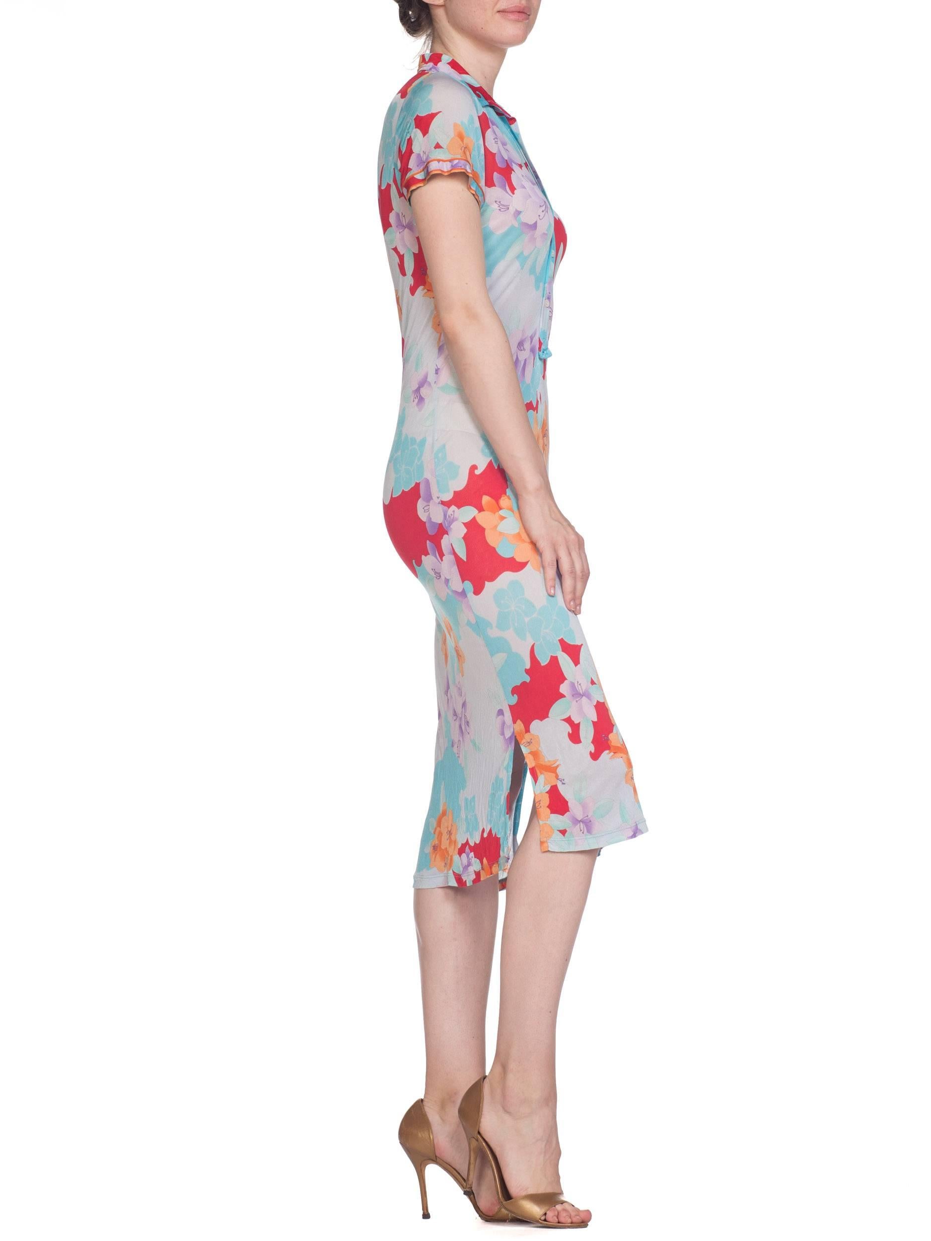 1980S LEONARD Pastel Sheer Rayon Blend Jersey Tropical Floral Print Dress 2