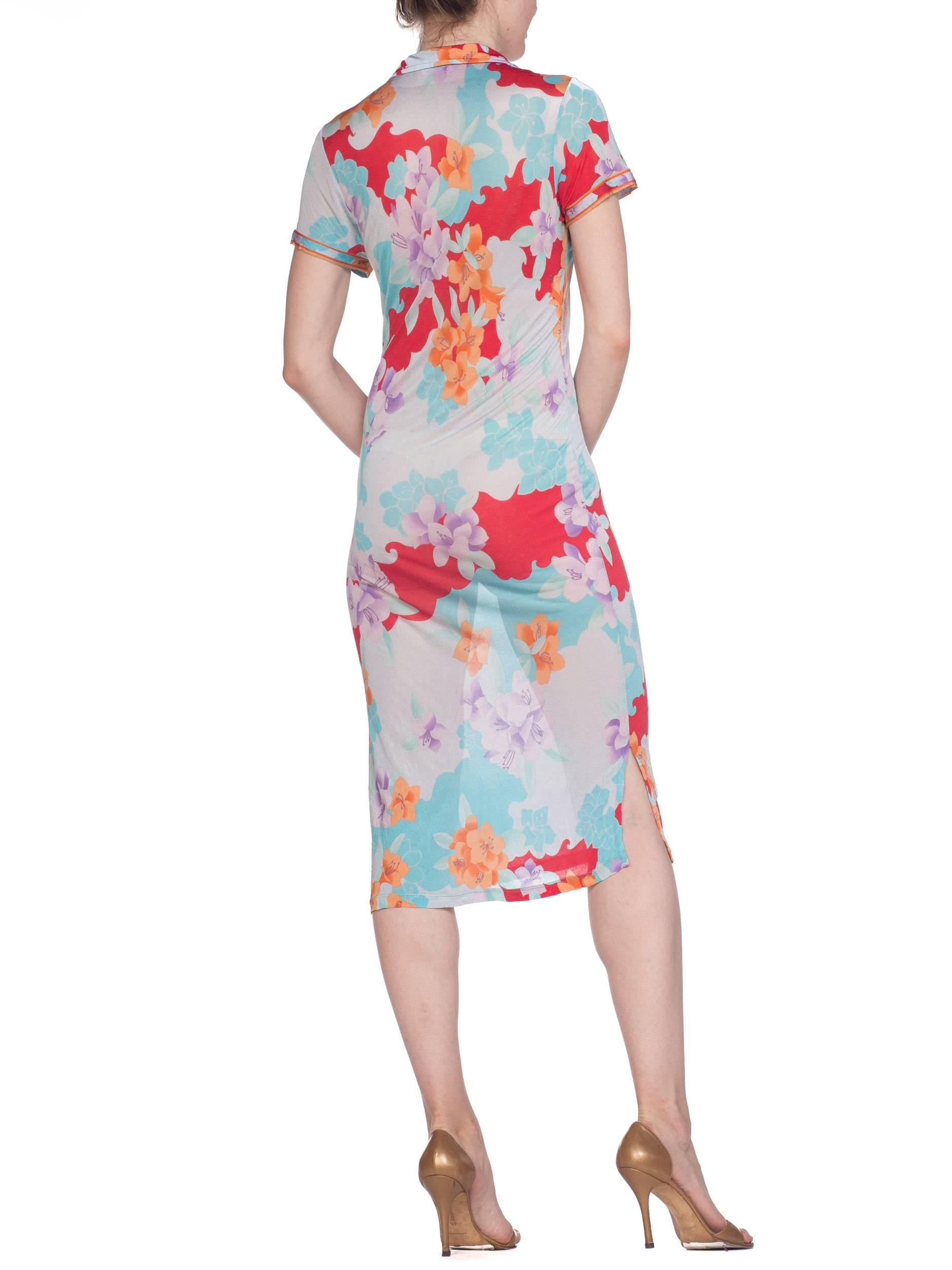 1980S LEONARD Pastel Sheer Rayon Blend Jersey Tropical Floral Print Dress 3