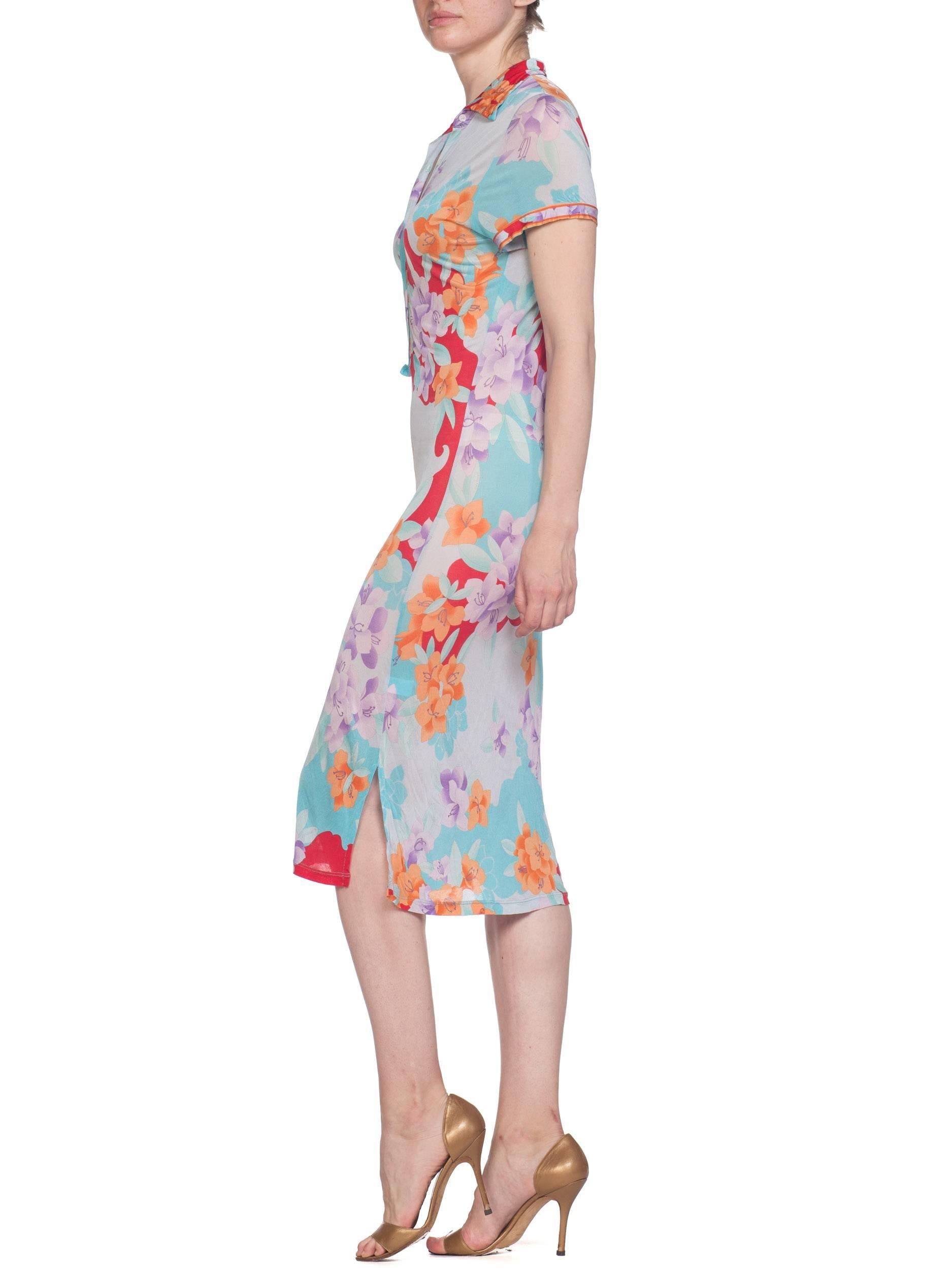 1980S LEONARD Pastel Sheer Rayon Blend Jersey Tropical Floral Print Dress 5