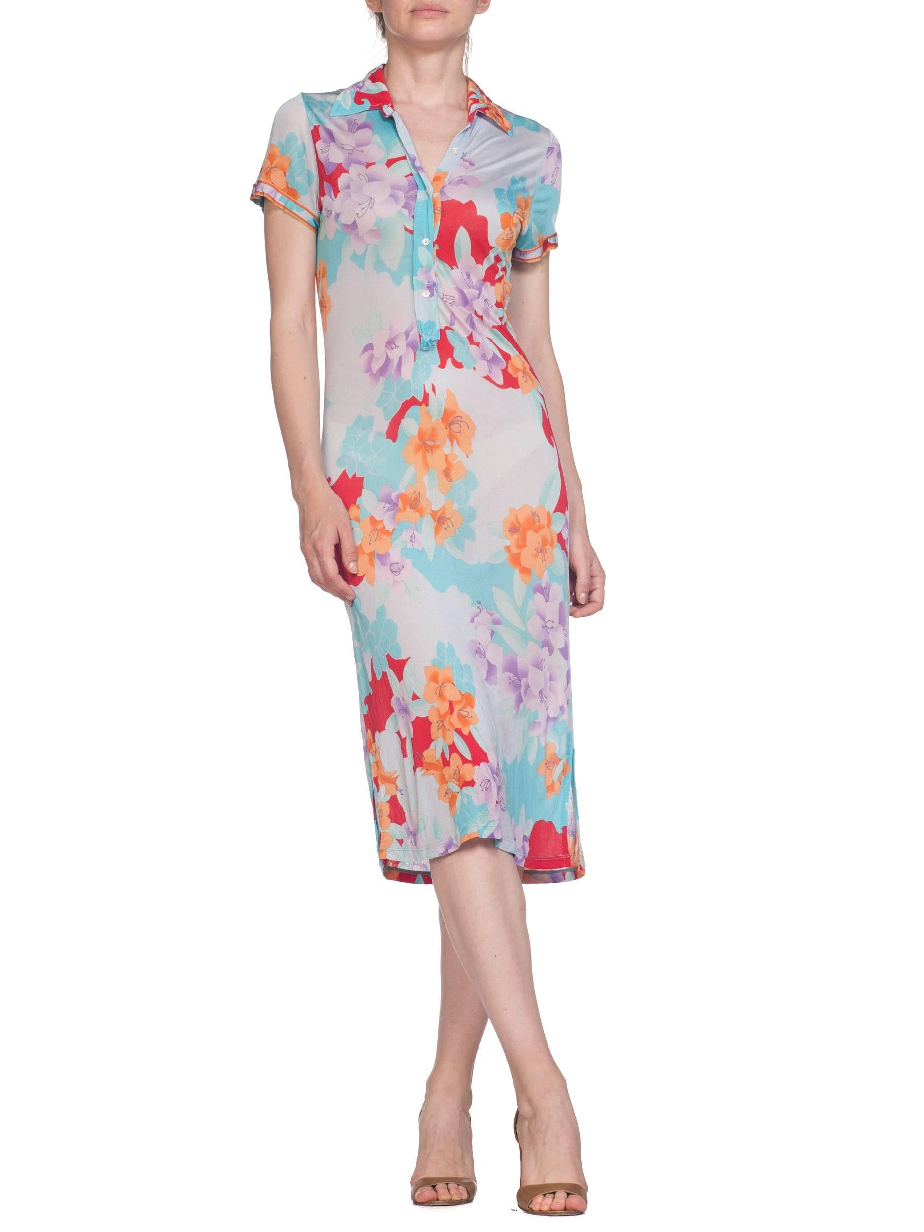 1980S LEONARD Pastel Sheer Rayon Blend Jersey Tropical Floral Print Dress 6