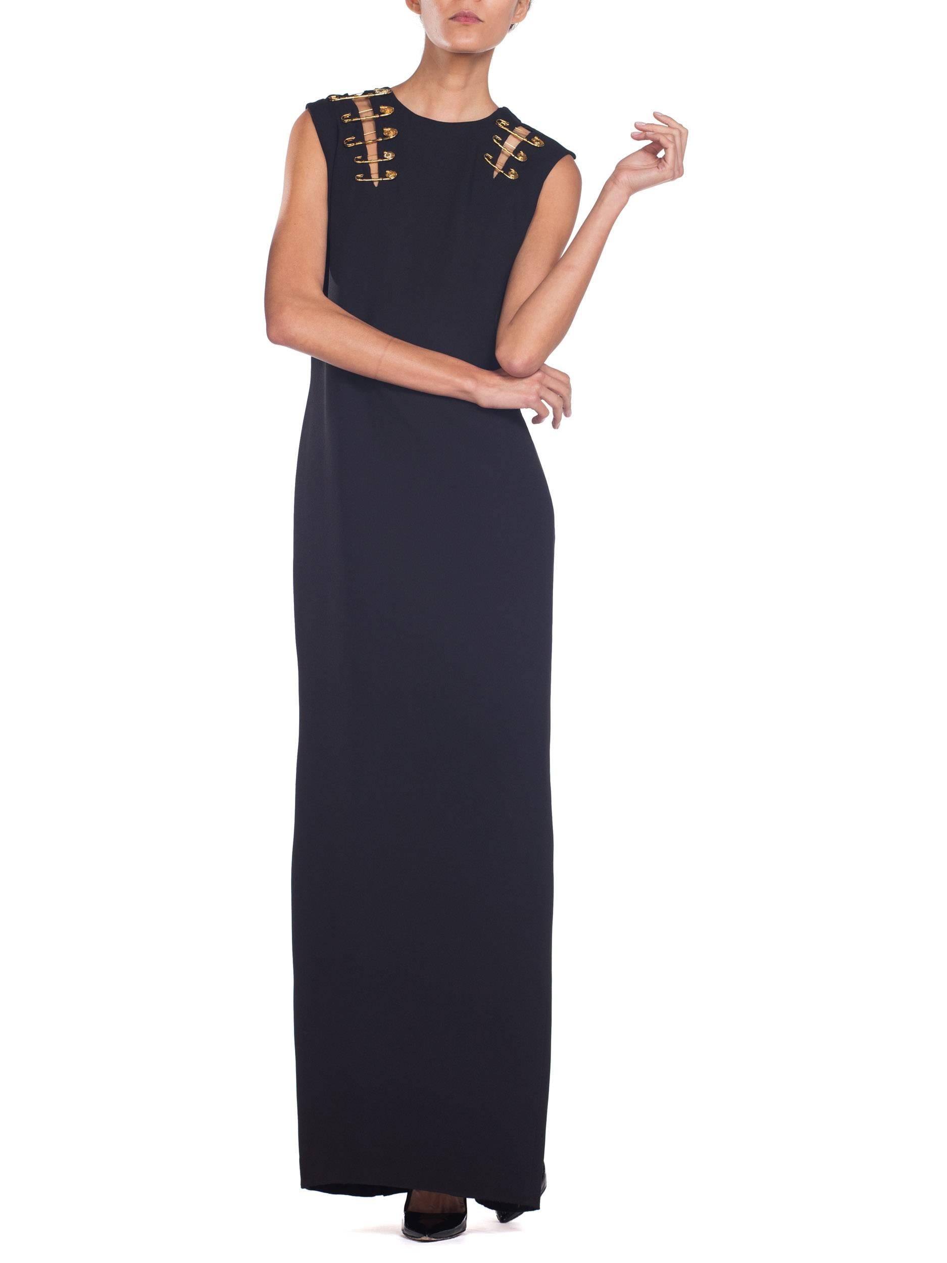 1990S GIANNI VERSACE Black Silk Crepe Gold Safey Pin Gown For Sale 1