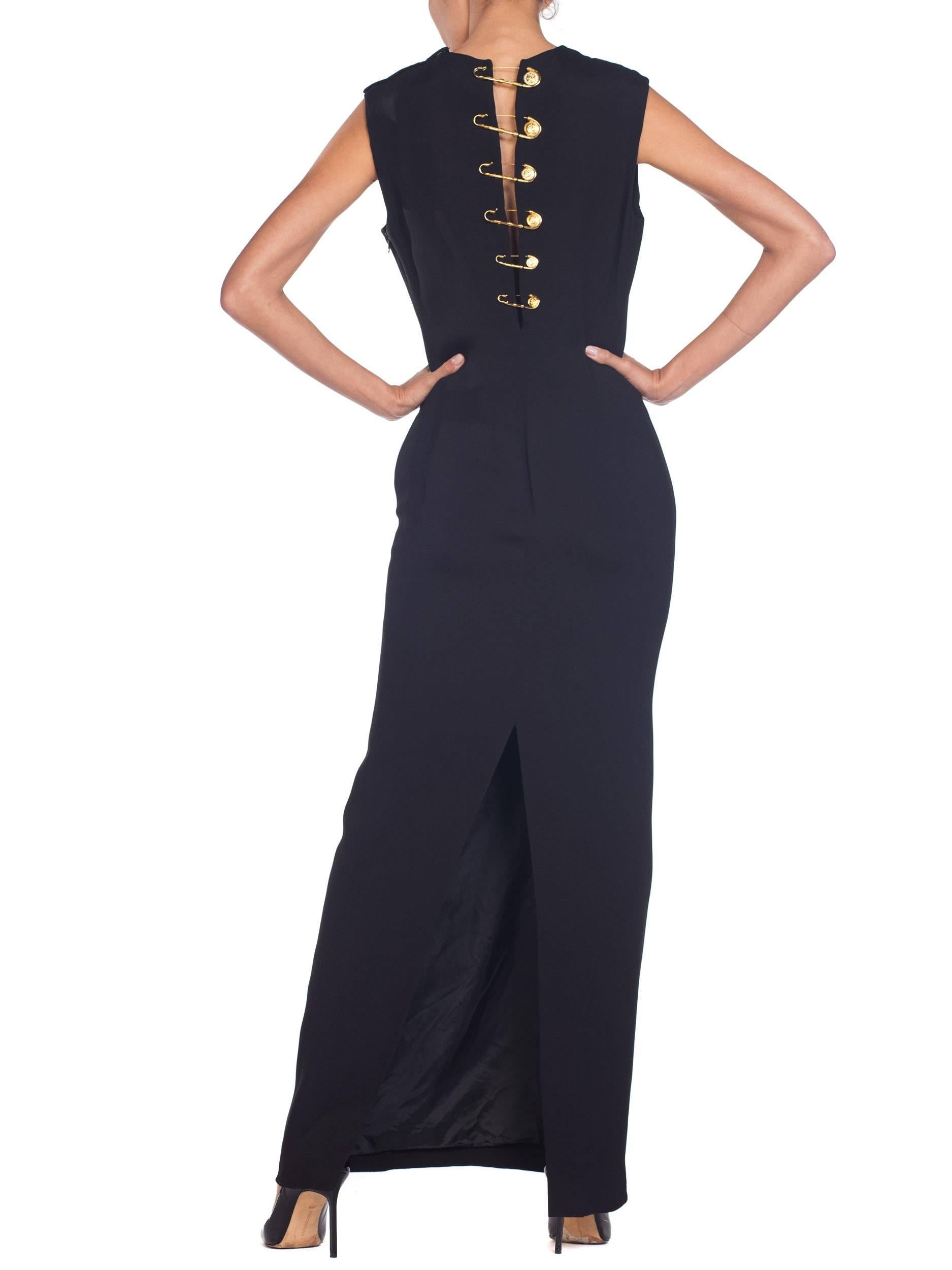 1990S GIANNI VERSACE Black Silk Crepe Gold Safey Pin Gown For Sale 4