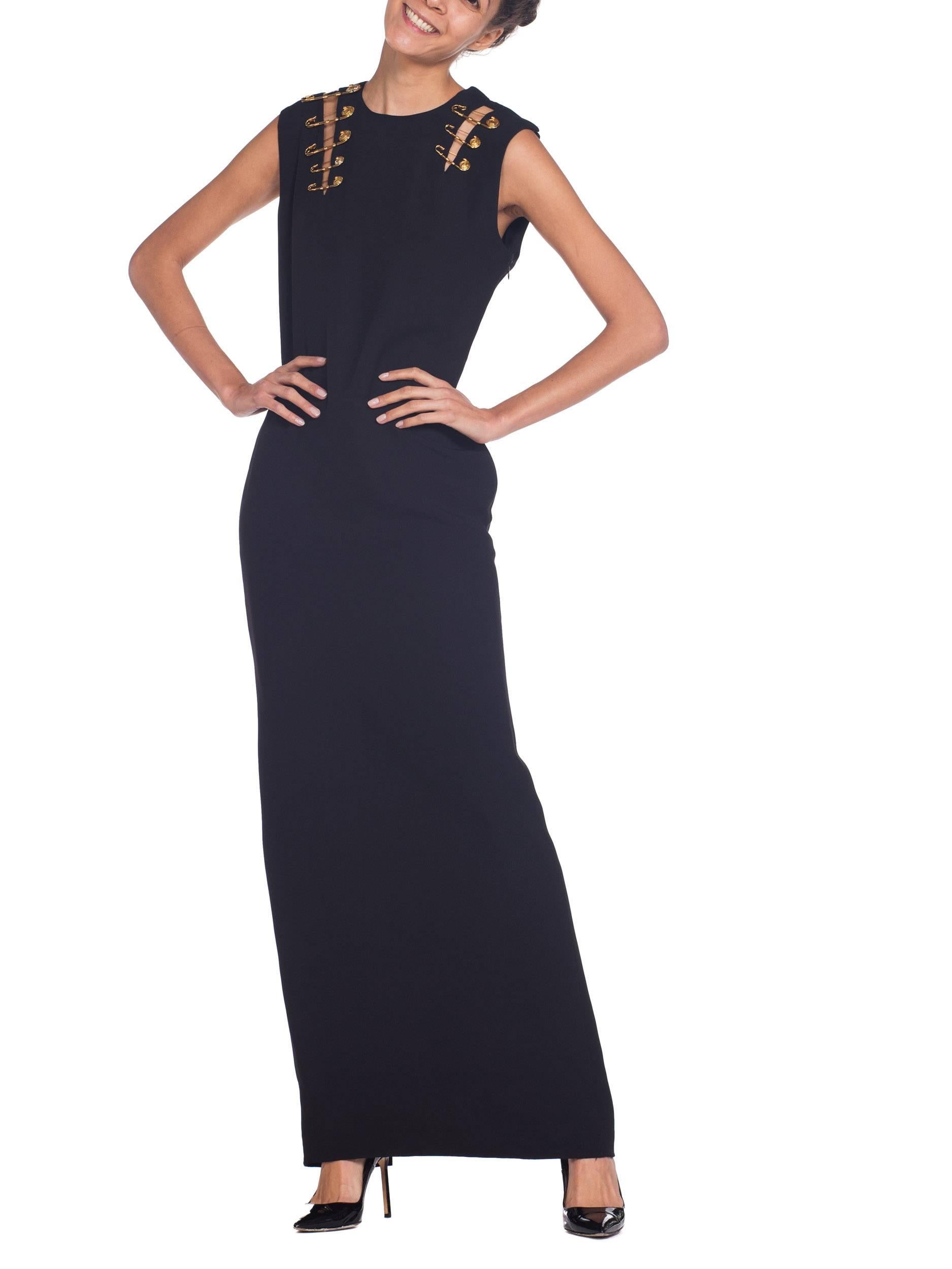 1990S GIANNI VERSACE Black Silk Crepe Gold Safey Pin Gown For Sale 5