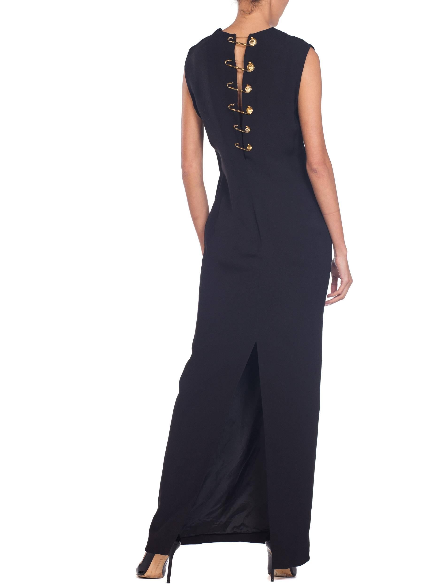 1990S GIANNI VERSACE Black Silk Crepe Gold Safey Pin Gown For Sale 3