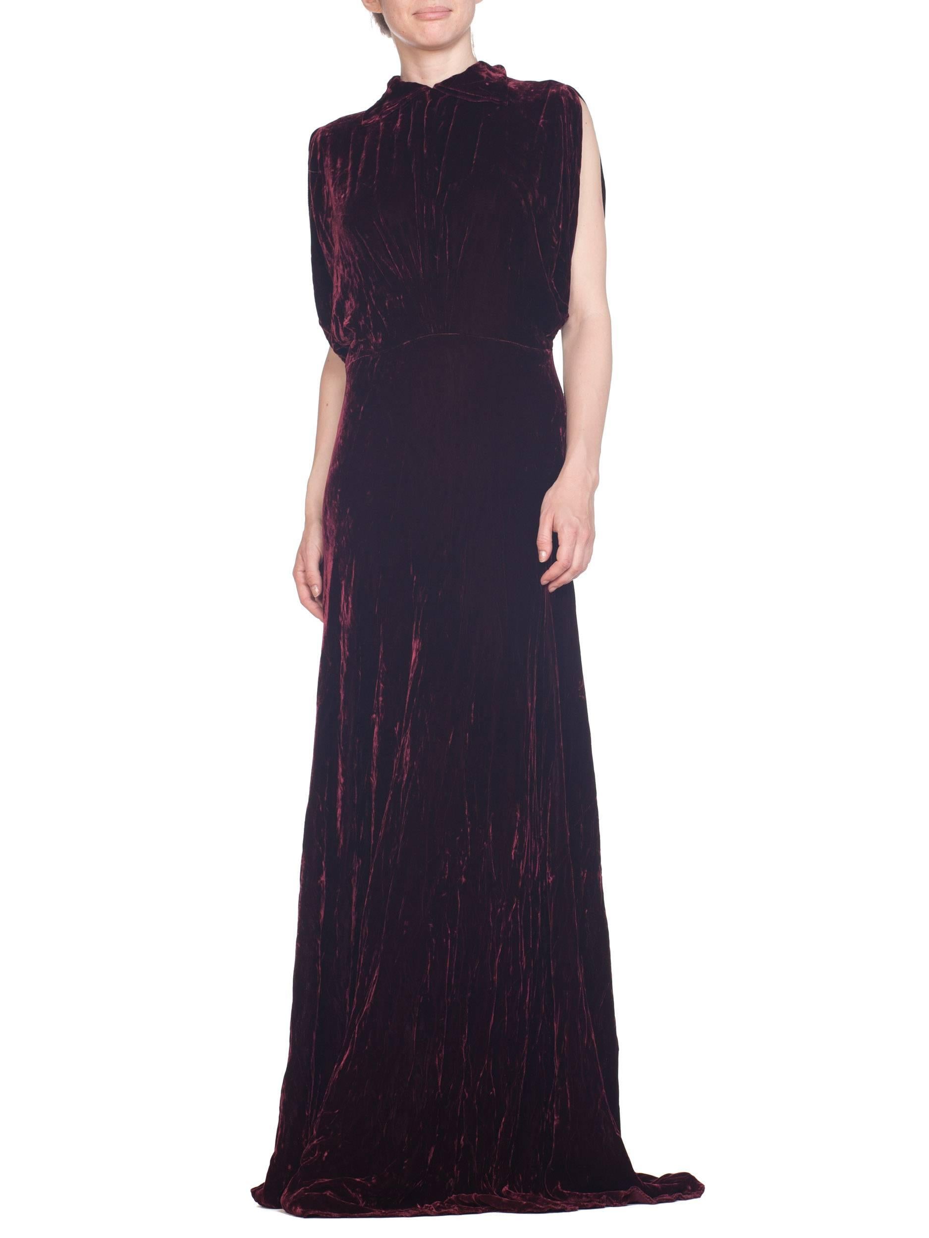 1930S Burgundy Bias Cut Silk Velvet Draped Bodice & Open Sleeve Gown XL 5