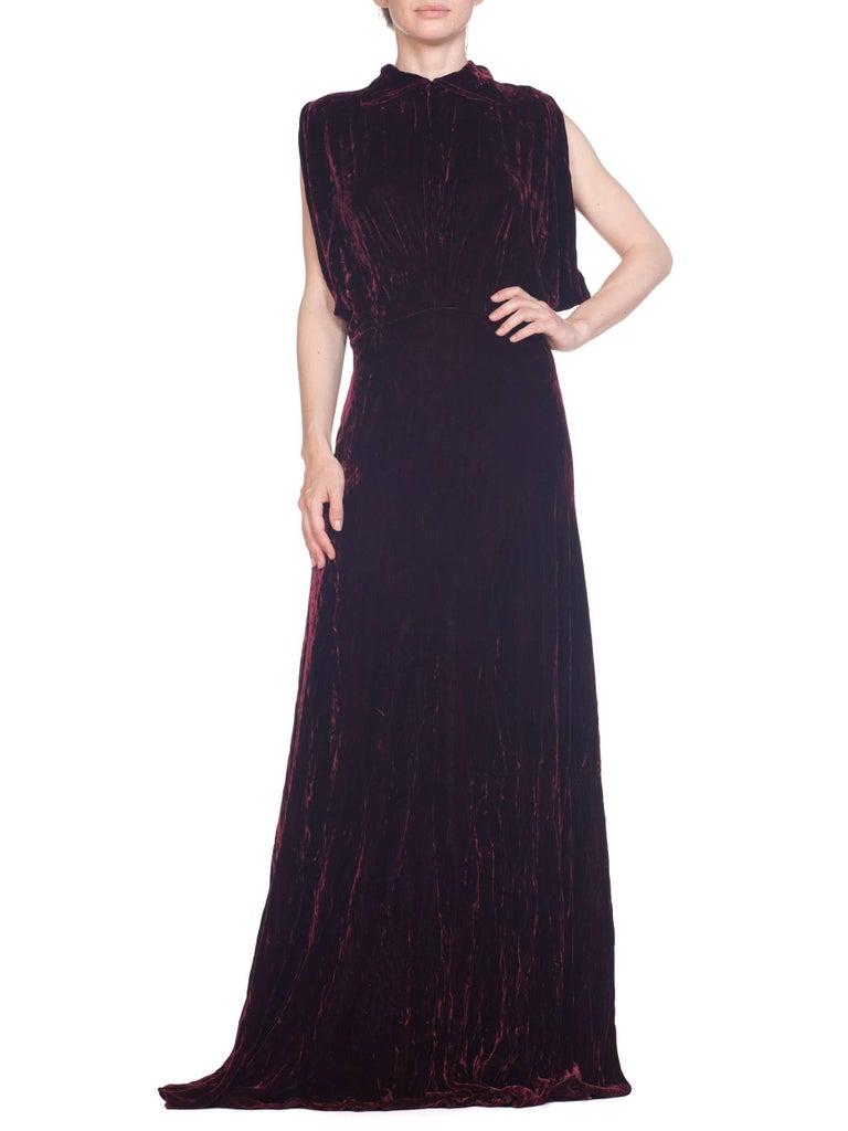 1930S Burgundy Bias Cut Silk Velvet Draped Bodice and Open Sleeve Gown ...