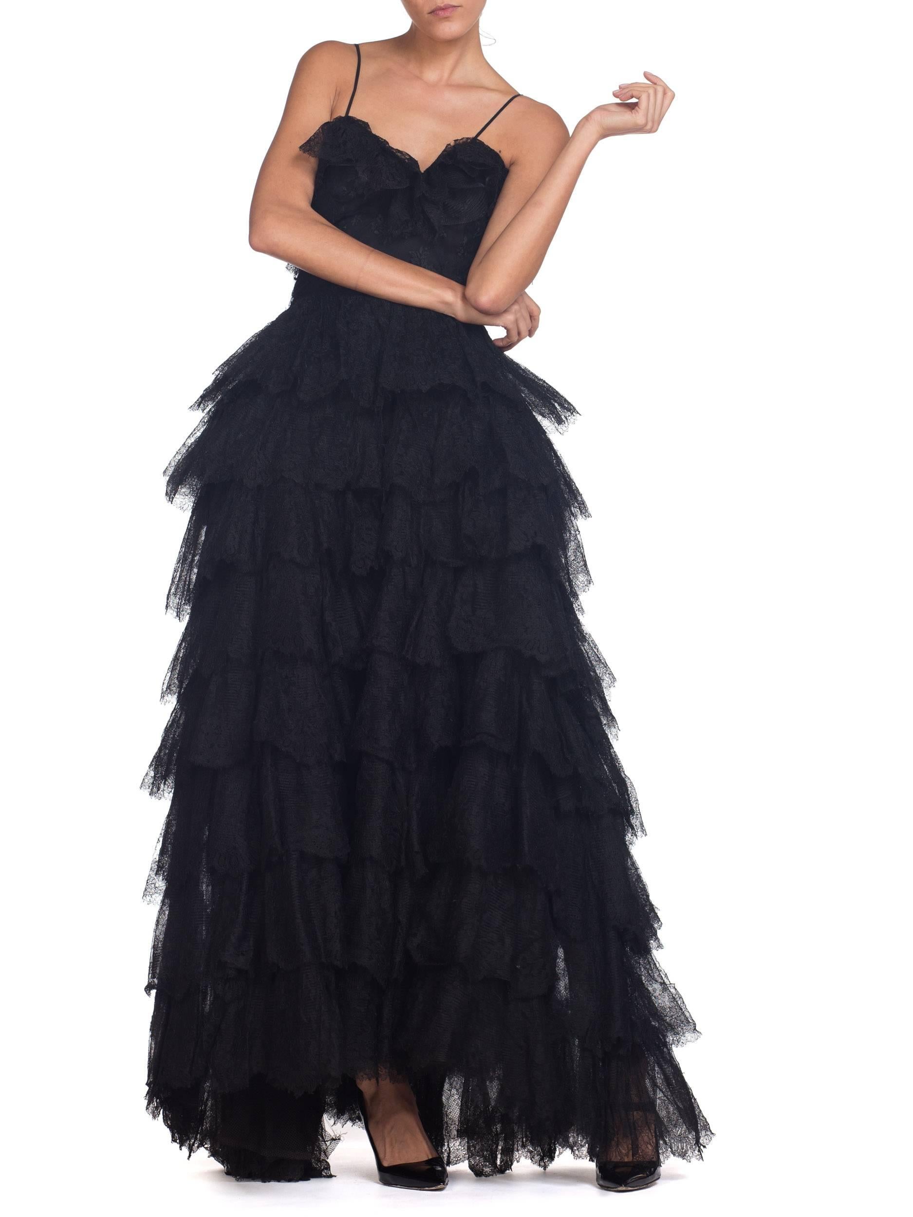 Women's 1940S Black Silk Chantilly Lace Ruffled Gown With Corset Bodice And Crinoline