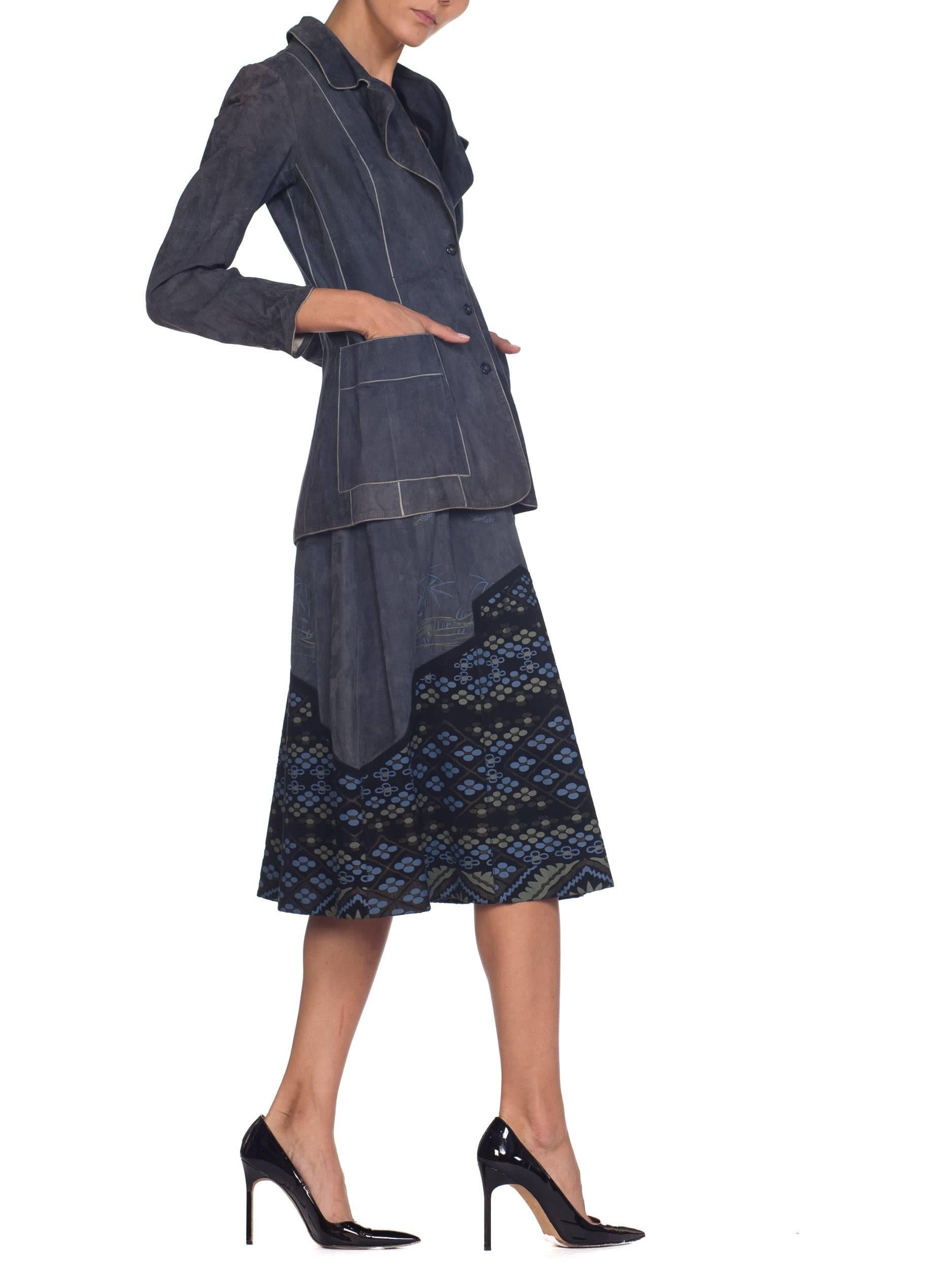 1970s Roberto Cavalli Blue Suede Skirt Set with Printed Suede Panels