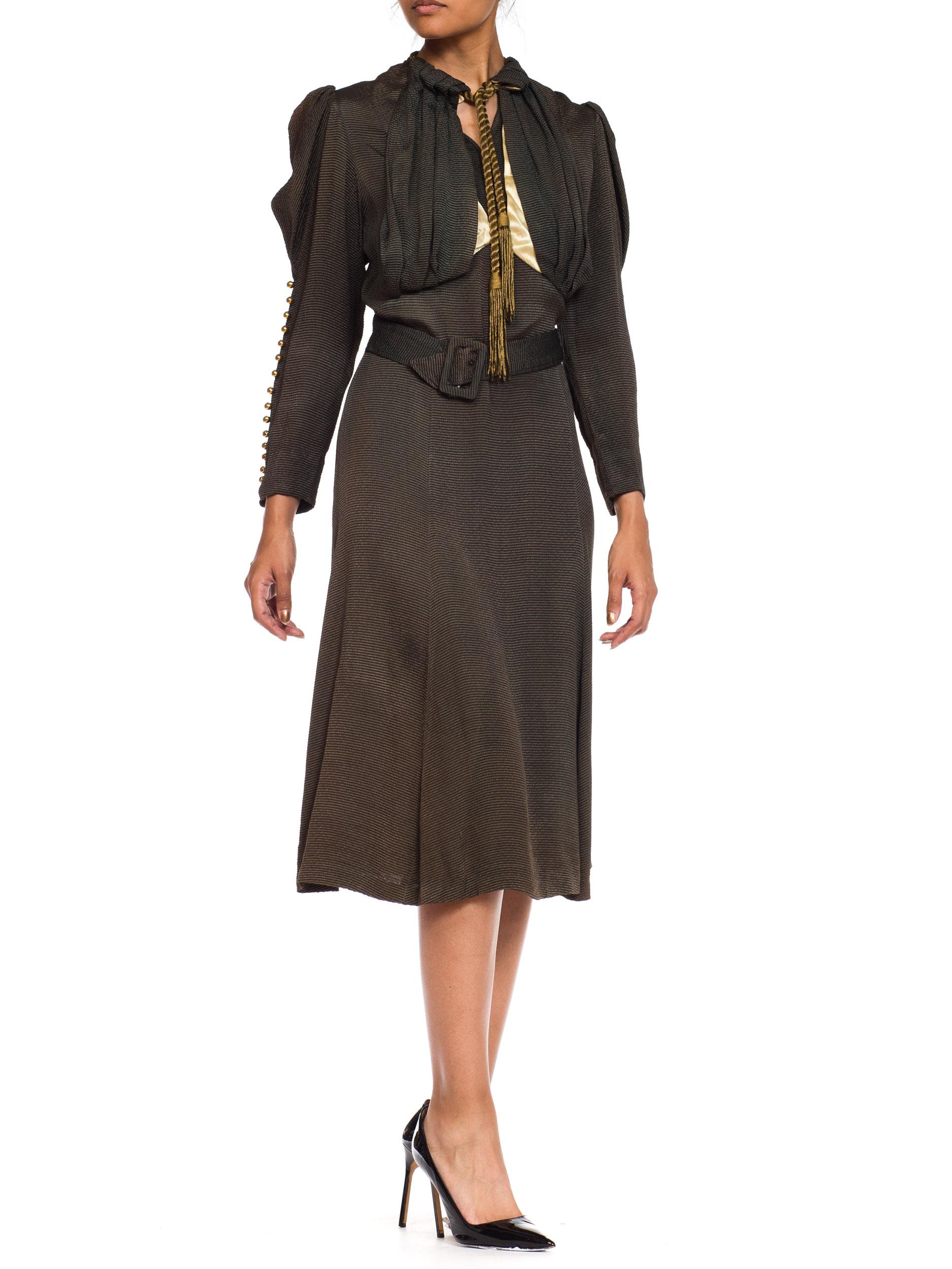 1930s Olive Green Textured Mutton Sleeve Dress 3