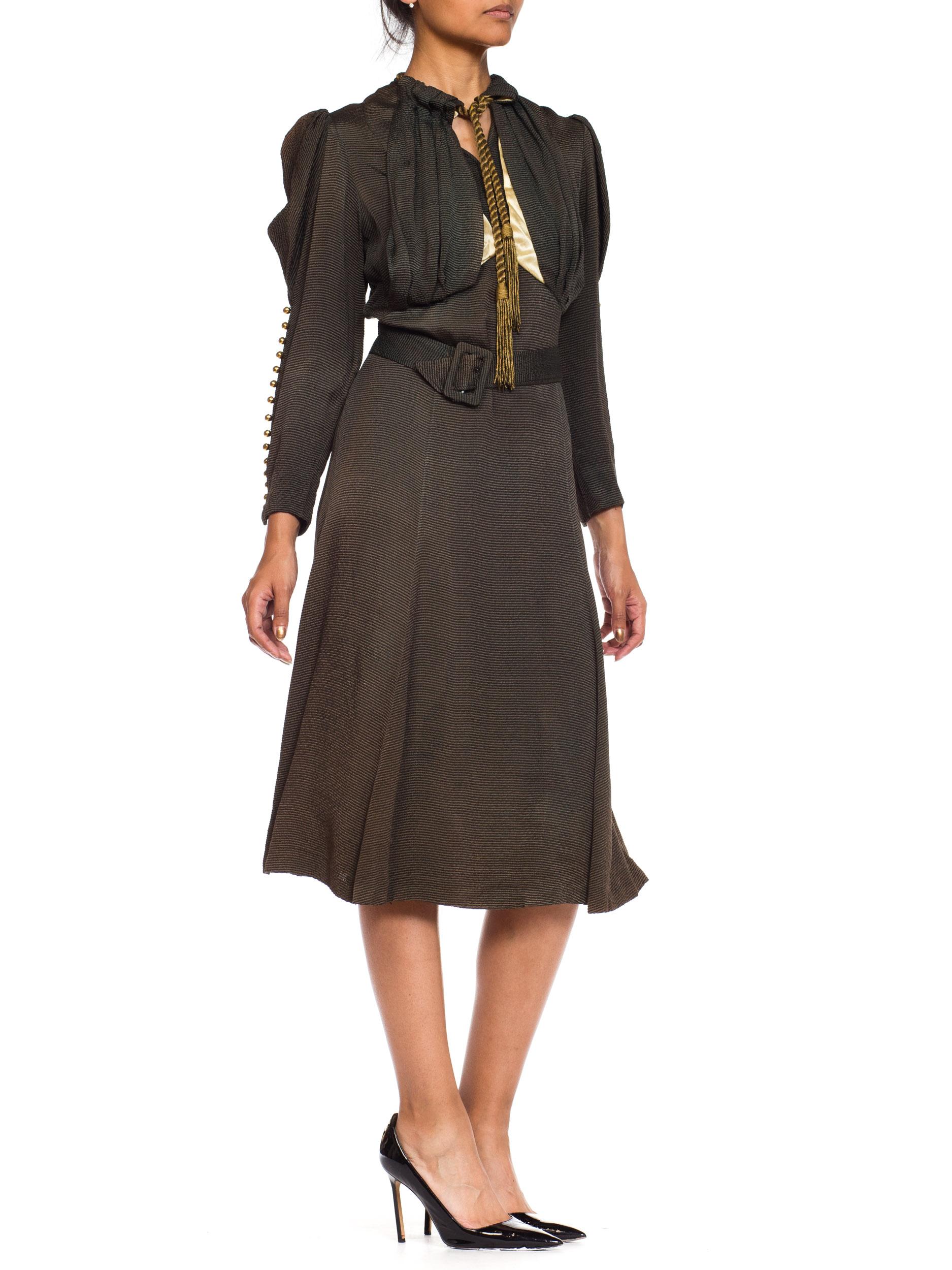 1930s Olive Green Textured Mutton Sleeve Dress 4