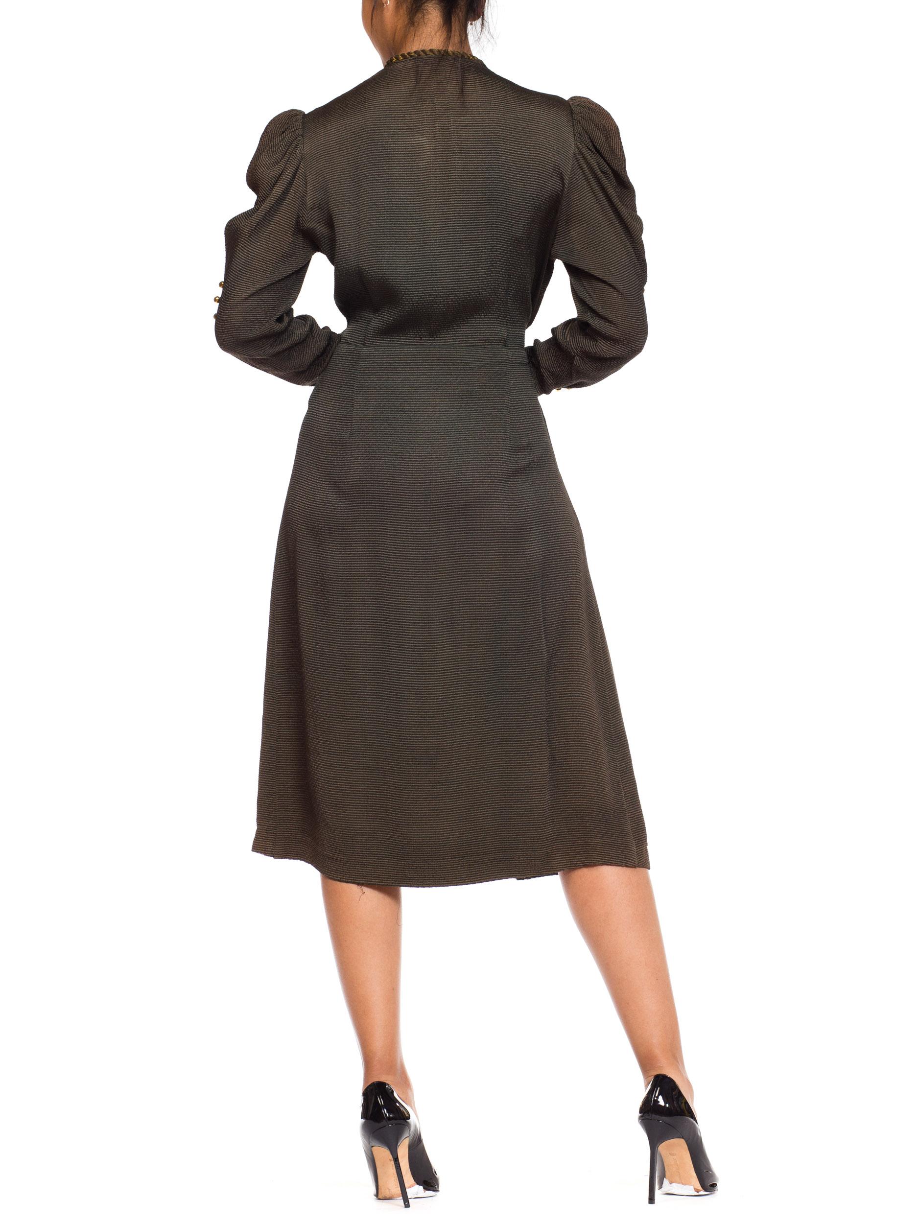 1930s Olive Green Textured Mutton Sleeve Dress 6