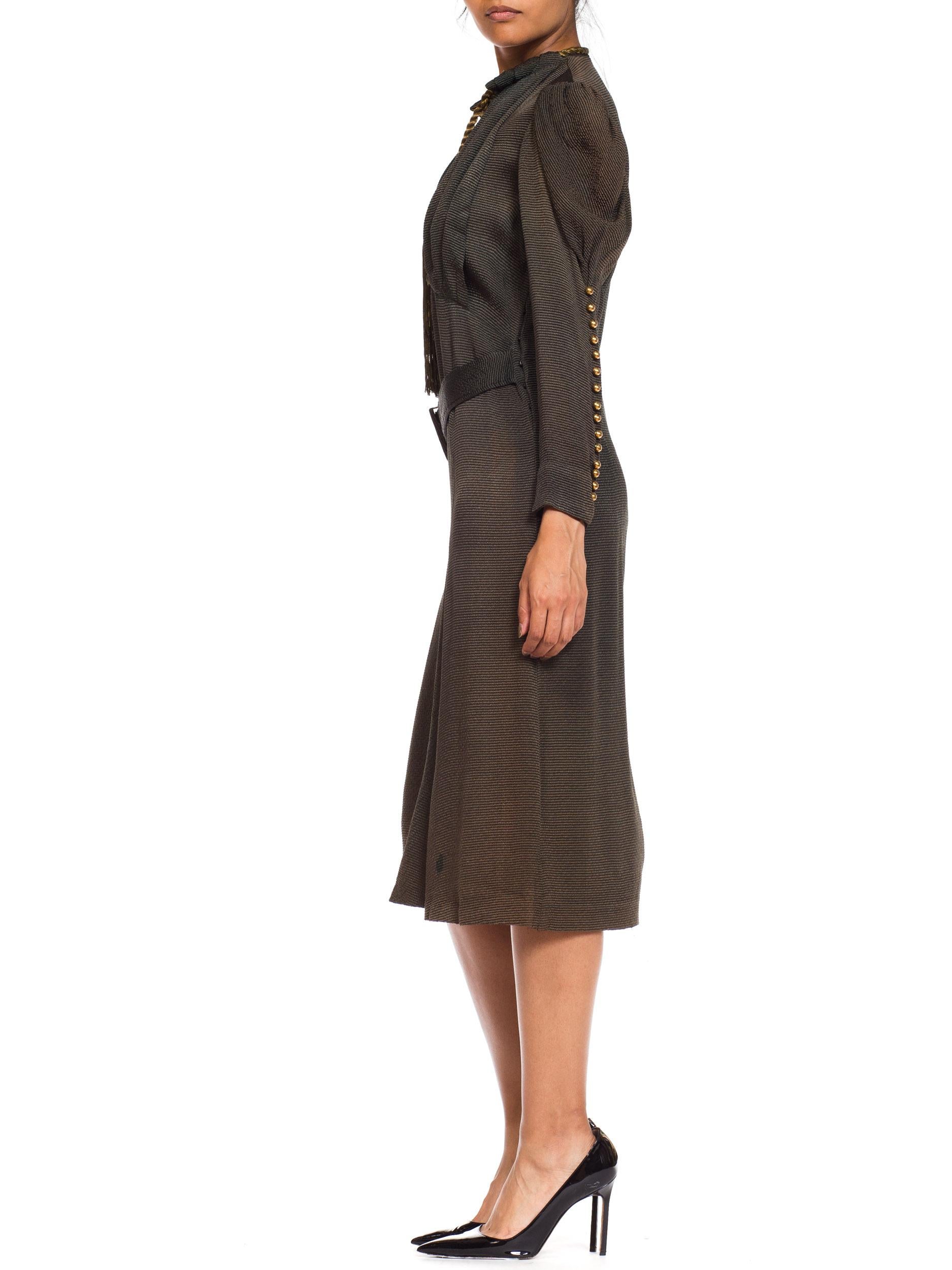 1930s Olive Green Textured Mutton Sleeve Dress 7