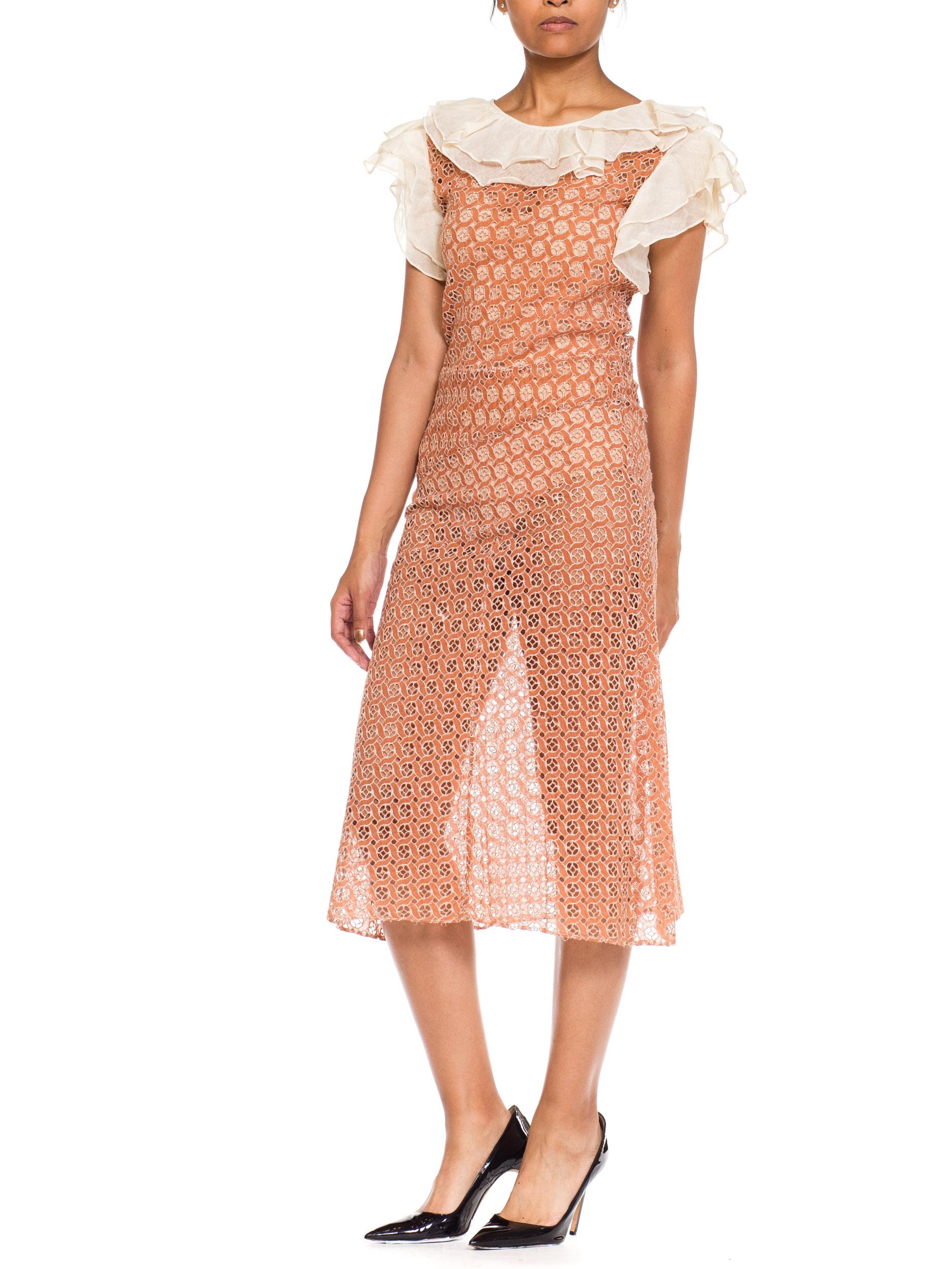 1930S Cotton Embroidered Geometric Eyelet Dress With Organdy Ruffles For Sale 6