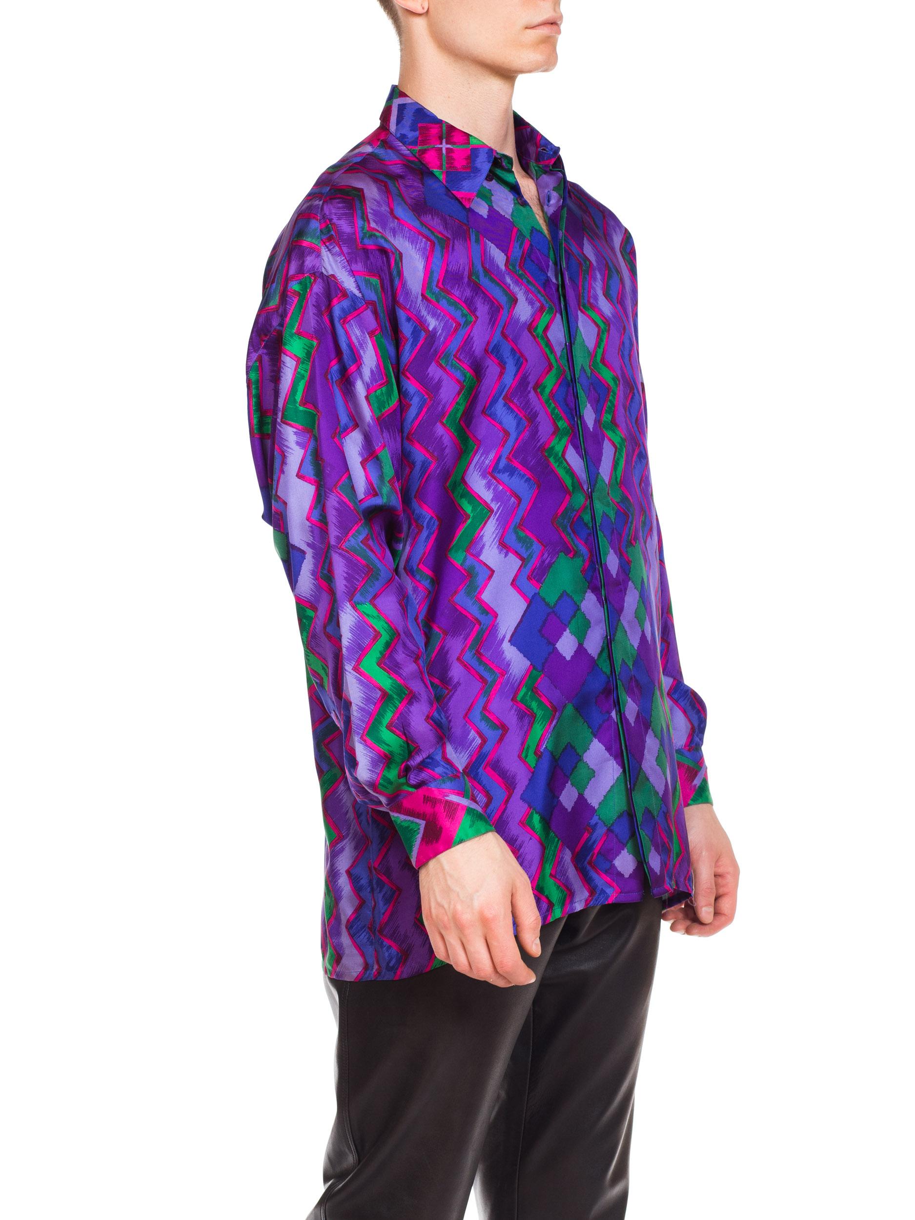 1990S GIANNI VERSACE Purple Geometric Silk Men's Istante Shirt Sz 46 For Sale 6
