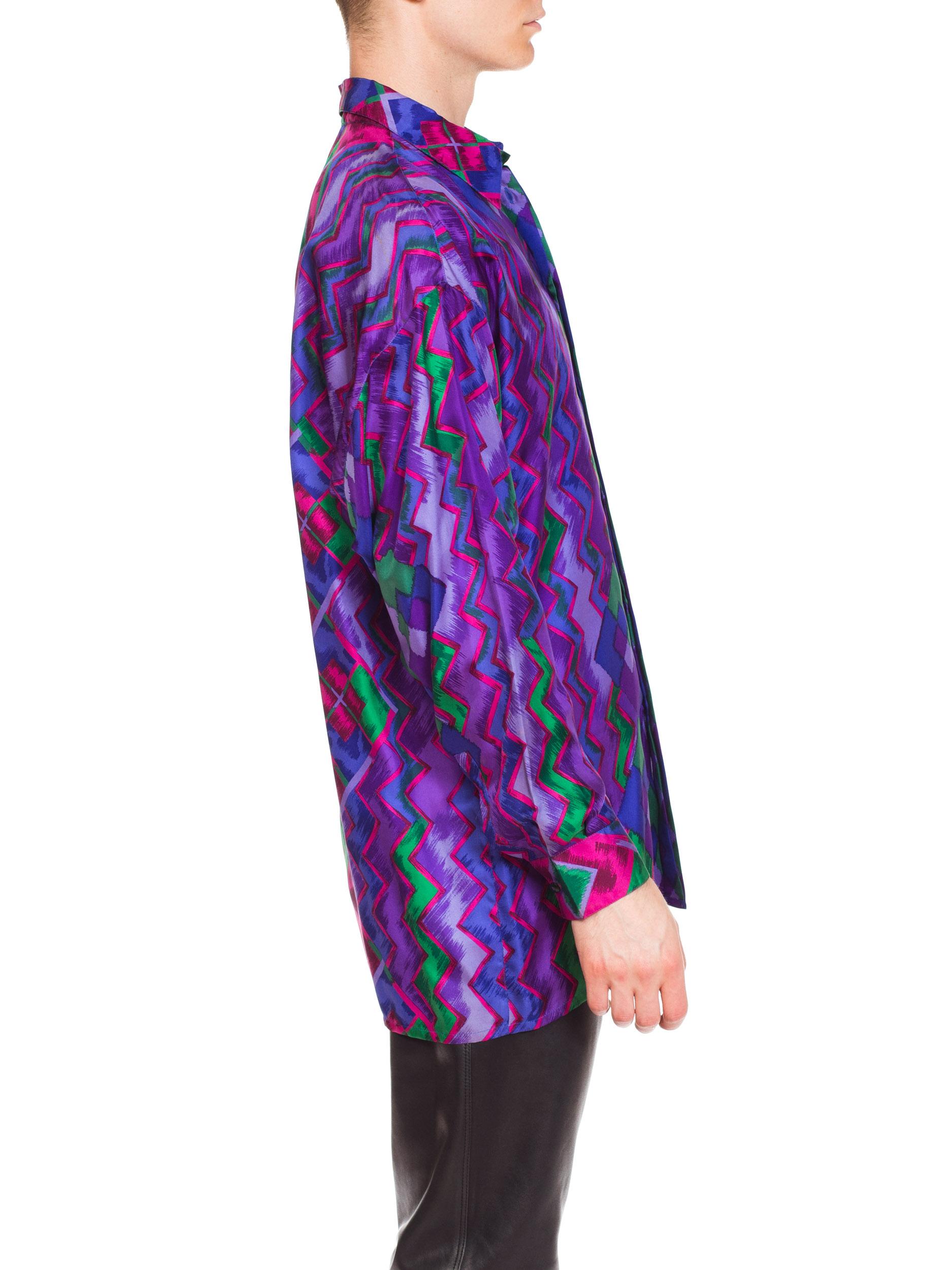1990S GIANNI VERSACE Purple Geometric Silk Men's Istante Shirt Sz 46 For Sale 5