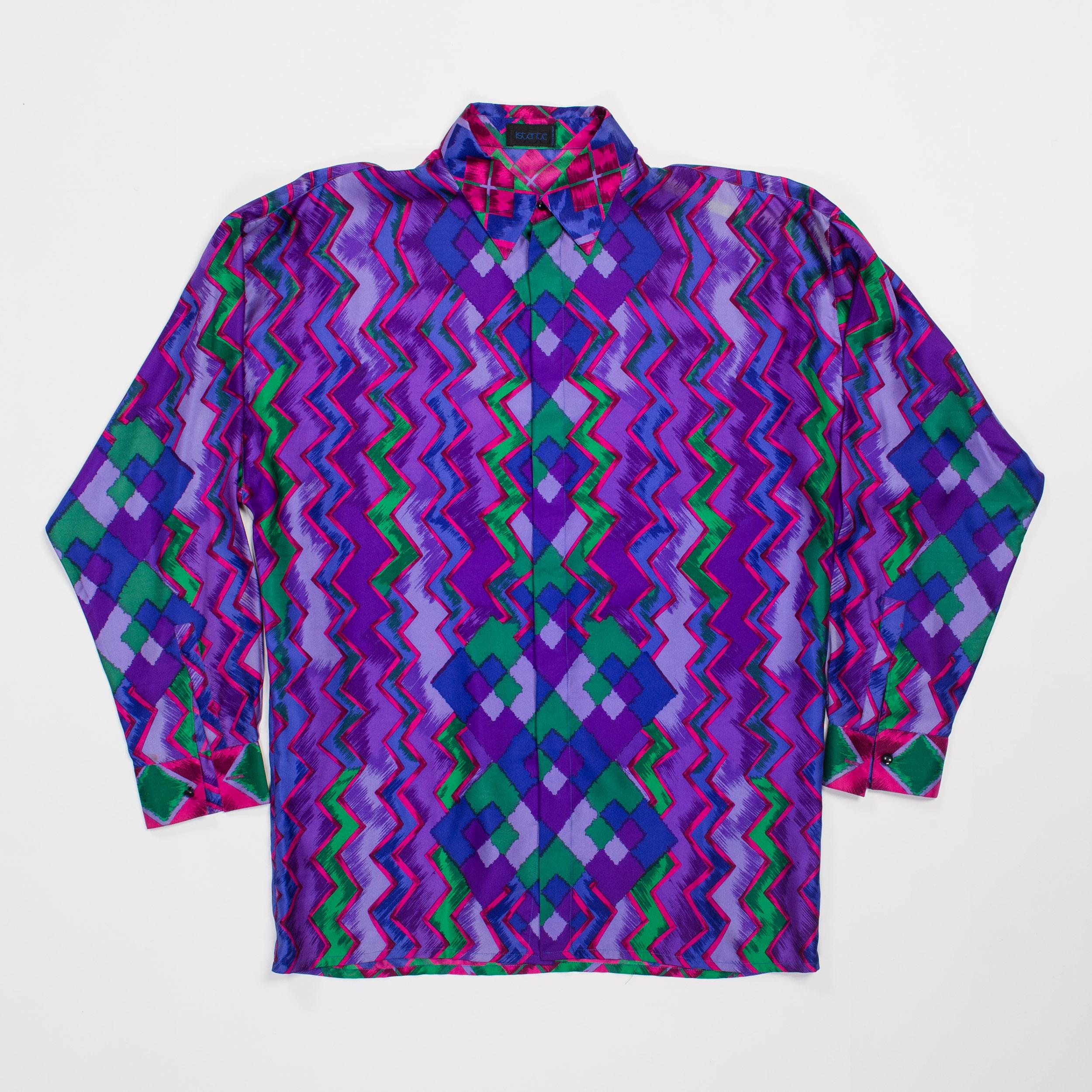 1990er GIANNI VERSACE Lila Geometrisches Istante Herrenhemd aus Seide aus Seide Gr. 46 im Angebot 11