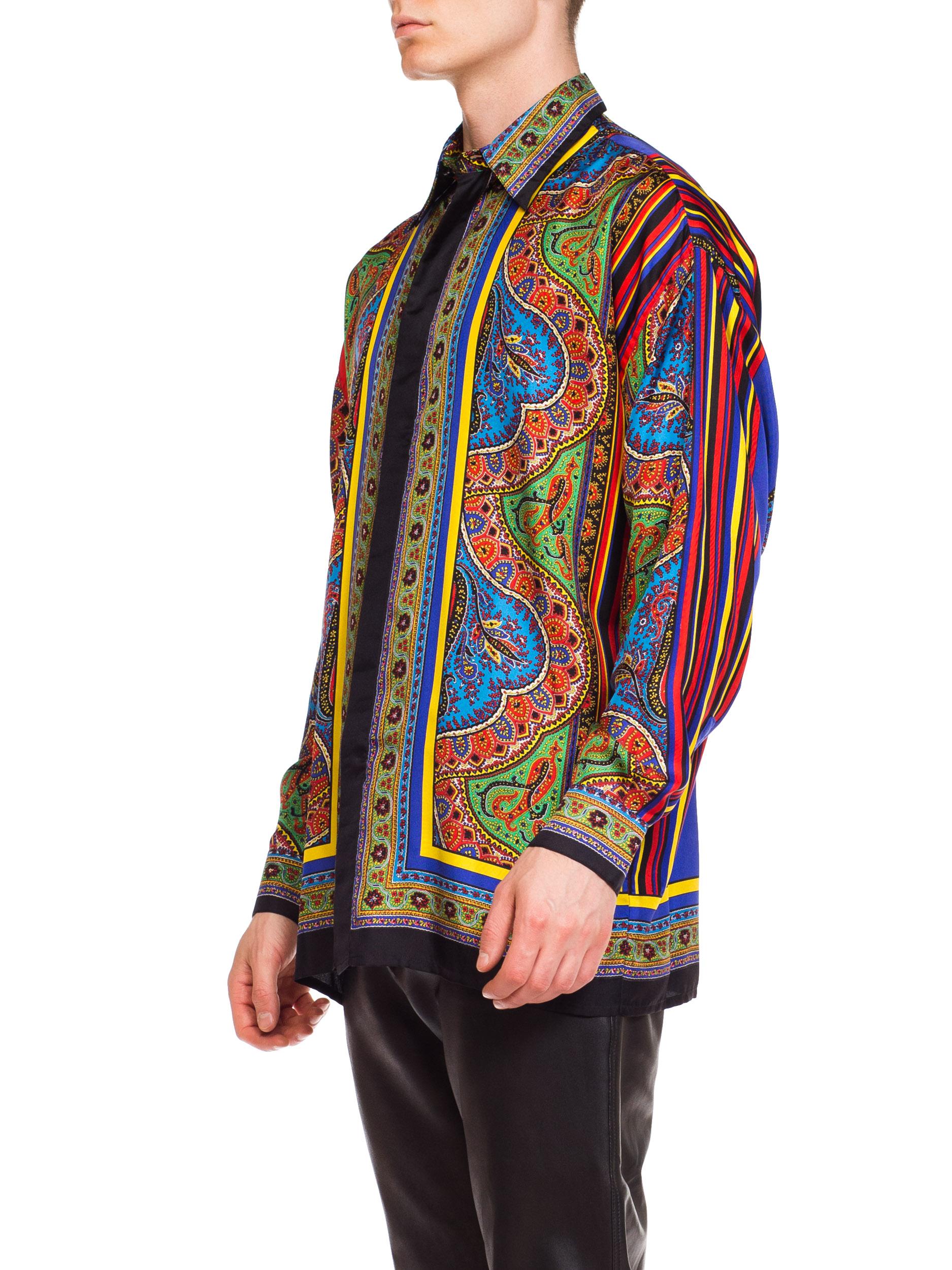 Black 1990S GIANNI VERSACE Silk Men's Istante Paisley Scarf Print Shirt