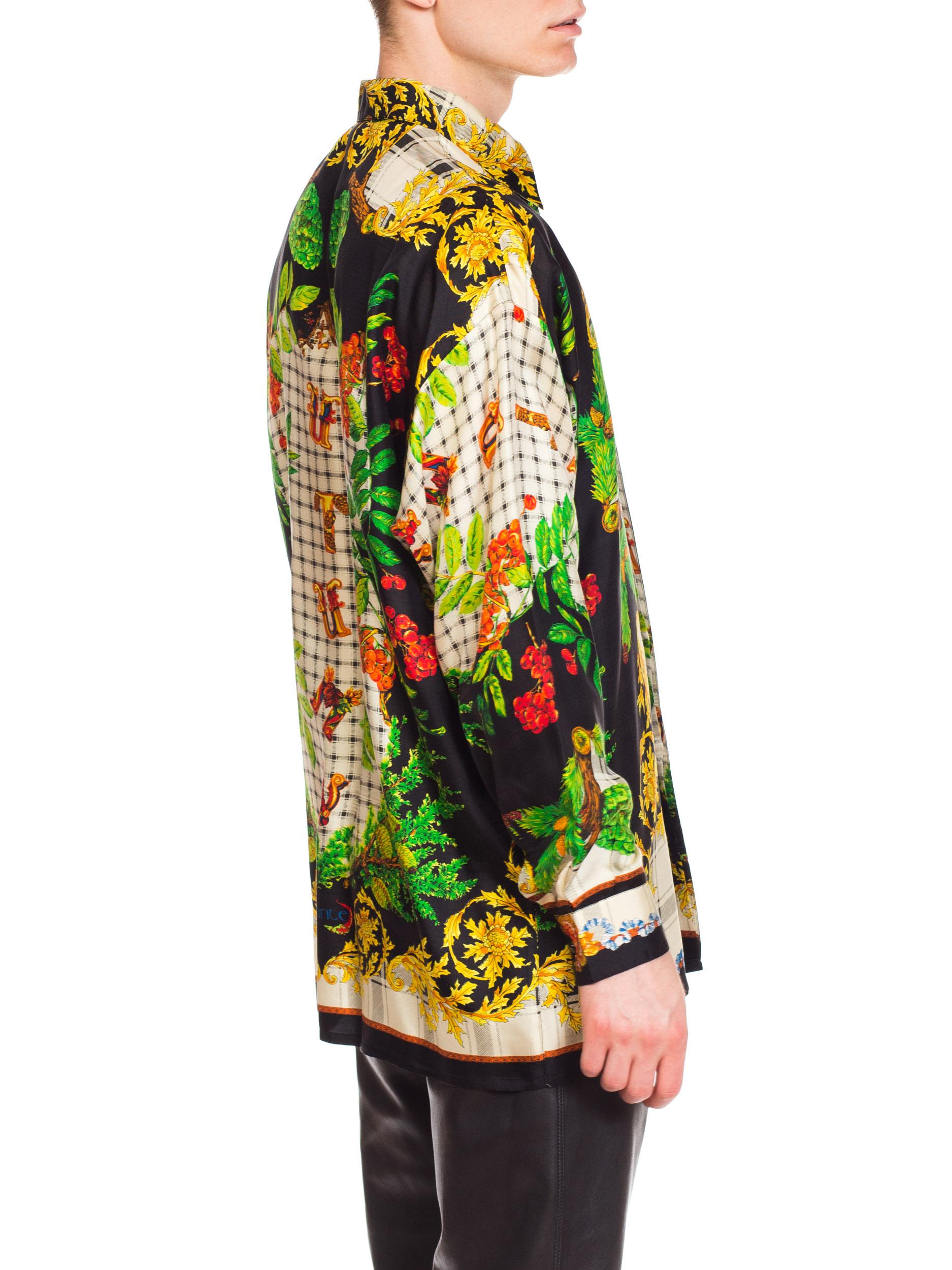1990S GIANNI VERSACE Silk Men's Istante Autumnal Baroque Print Shirt Sz 48 5